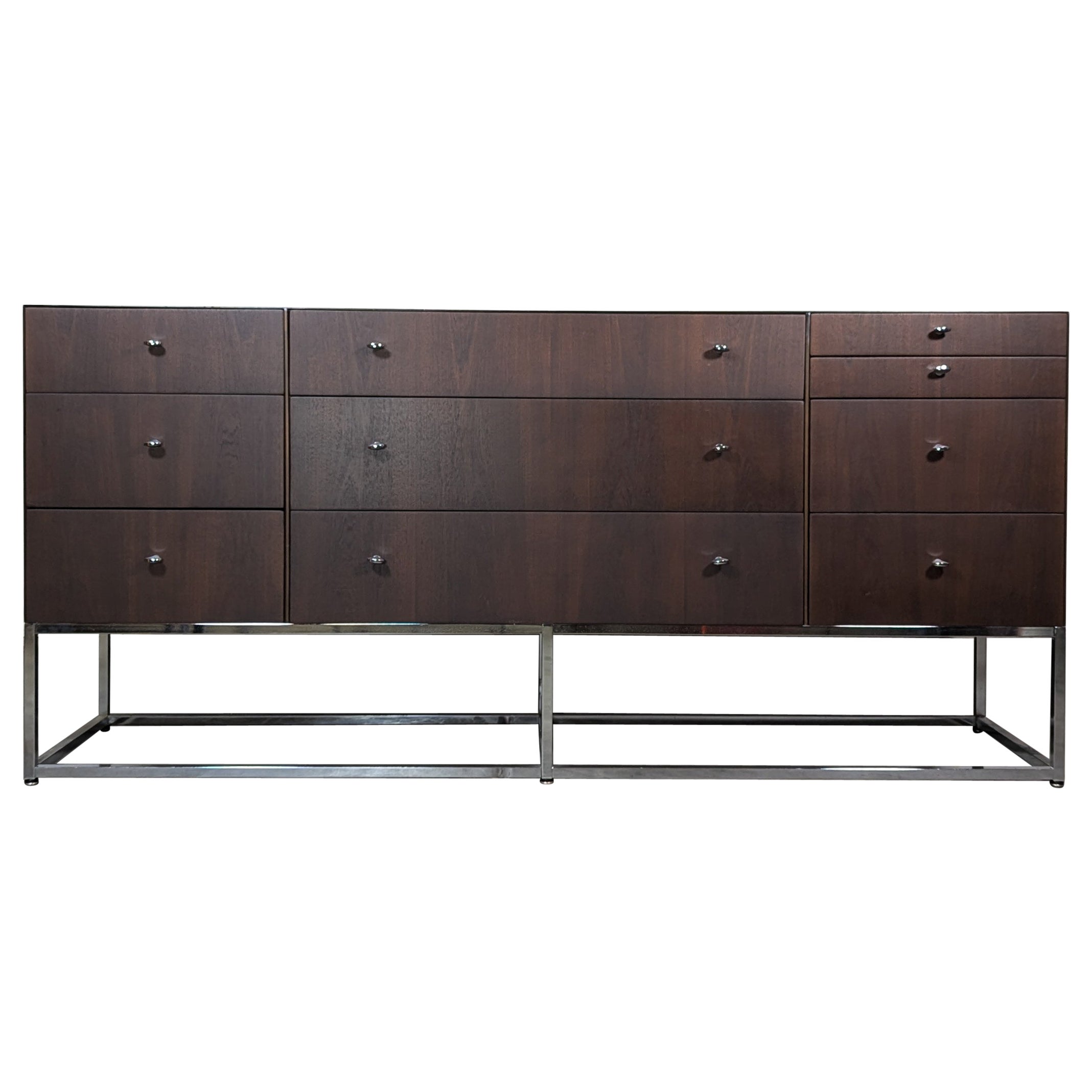 Mid Century Walnut & Chrome 10-Drawer Dresser/Sideboard by Kipp Stewart, c1960s