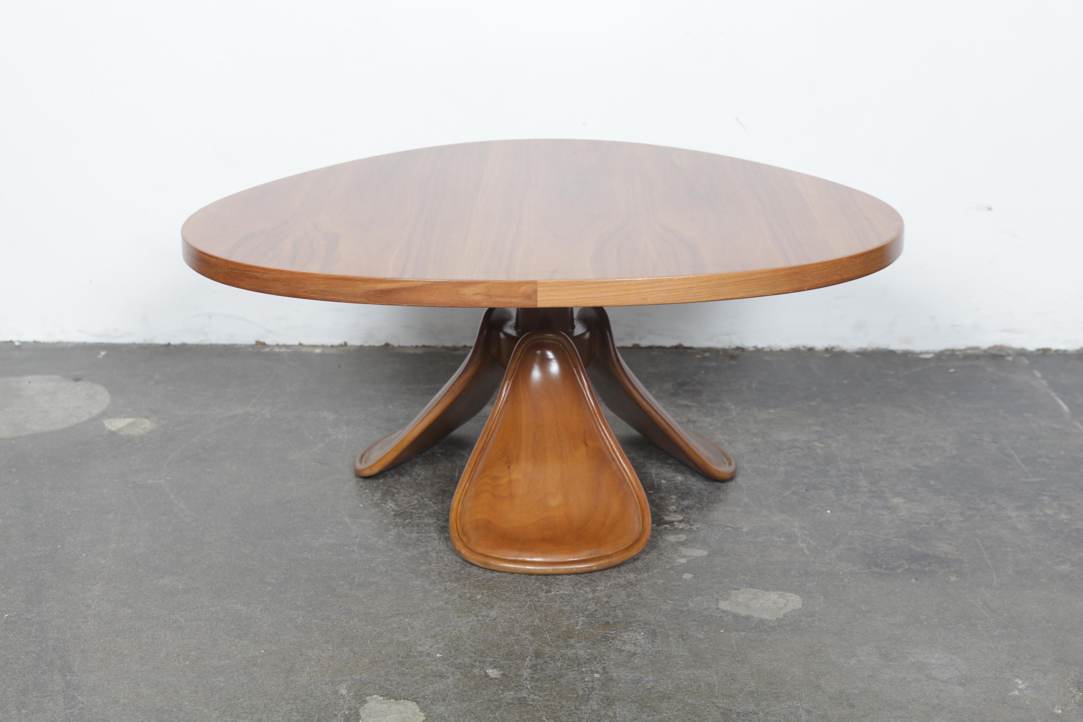American Midcentury Walnut Coffee Table with Organic Rounded Top and Leaf Style Legs