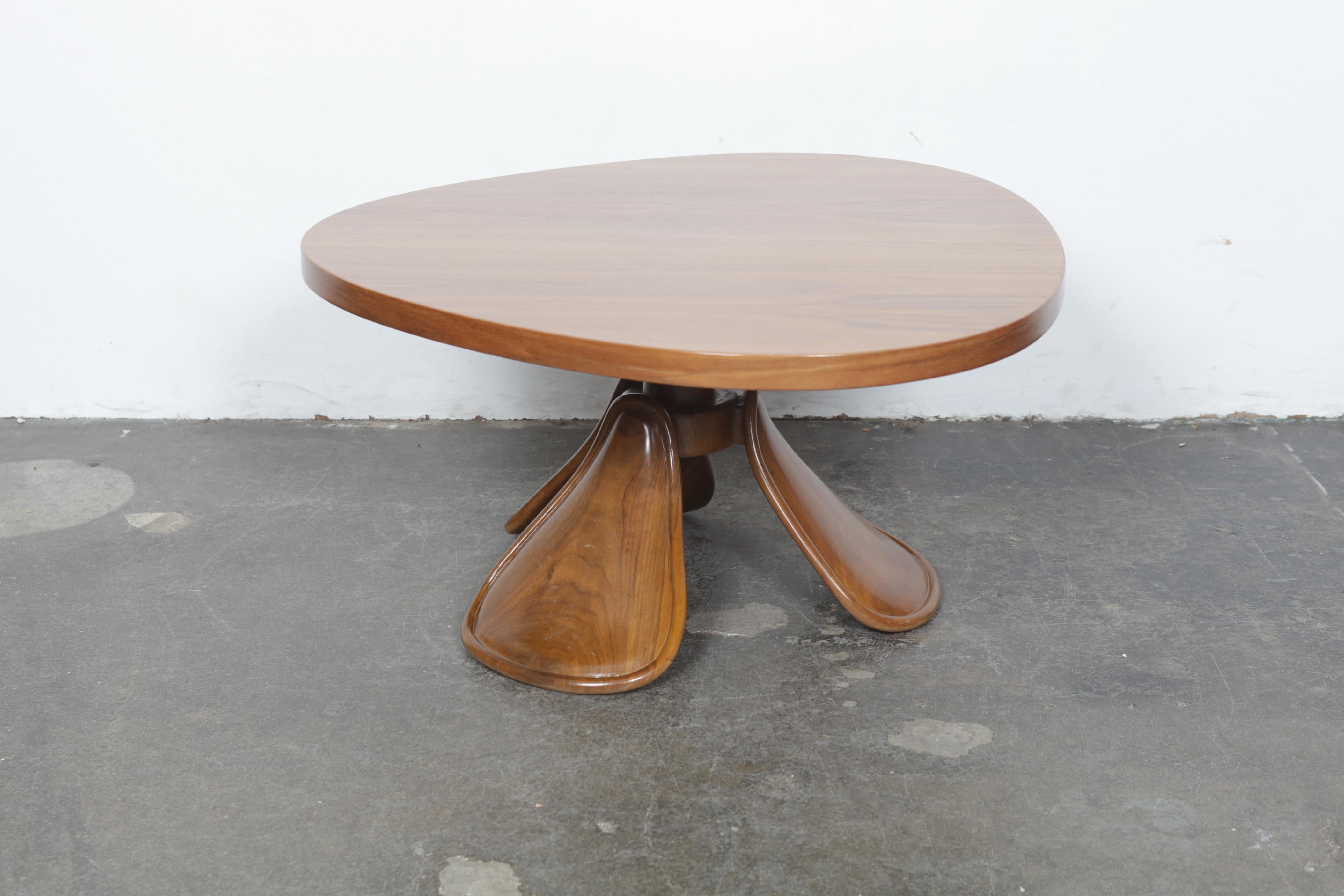 Lacquered Midcentury Walnut Coffee Table with Organic Rounded Top and Leaf Style Legs