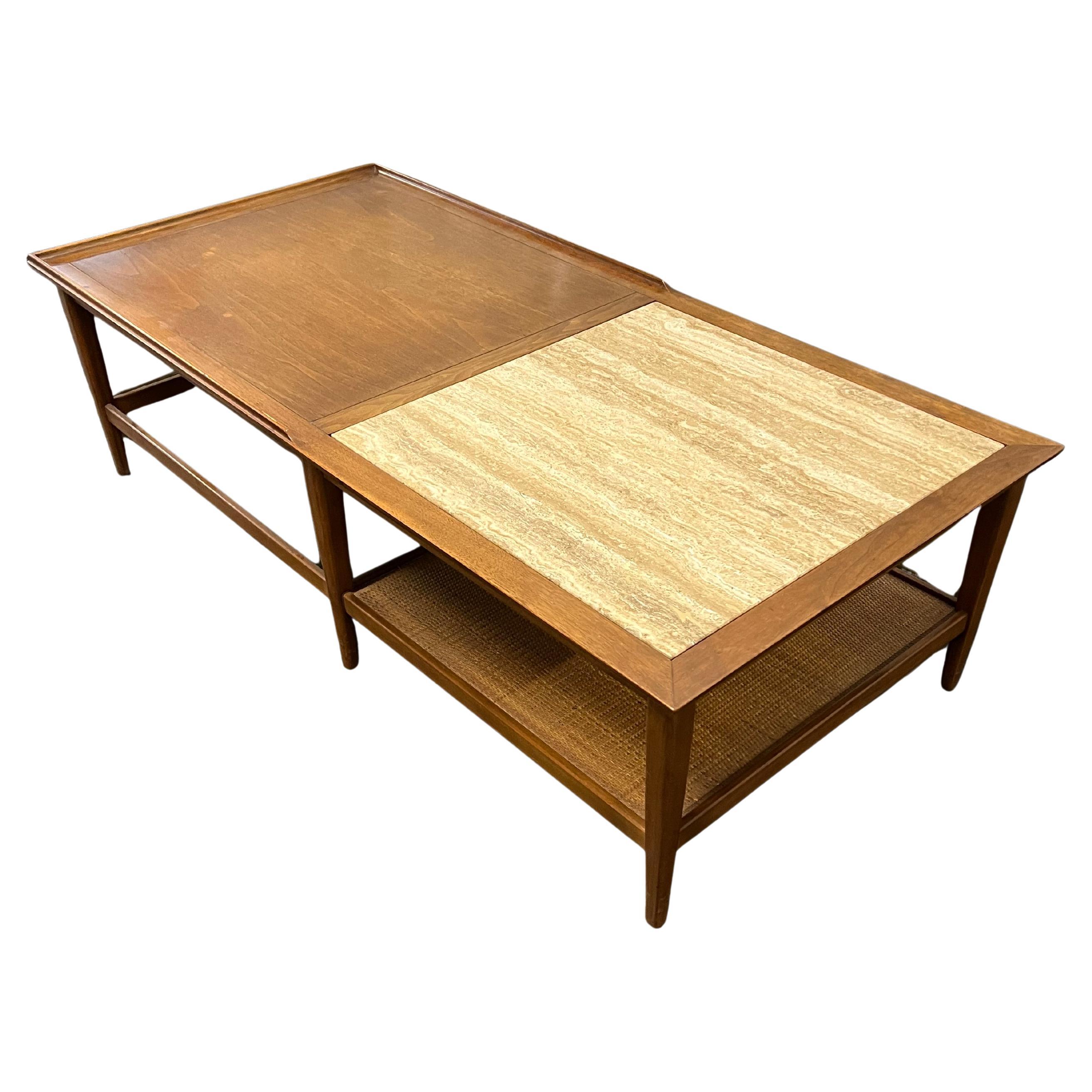 Mid-Century Walnut Coffee Table with Travertine Inset and Cane Shelf by Heritage For Sale
