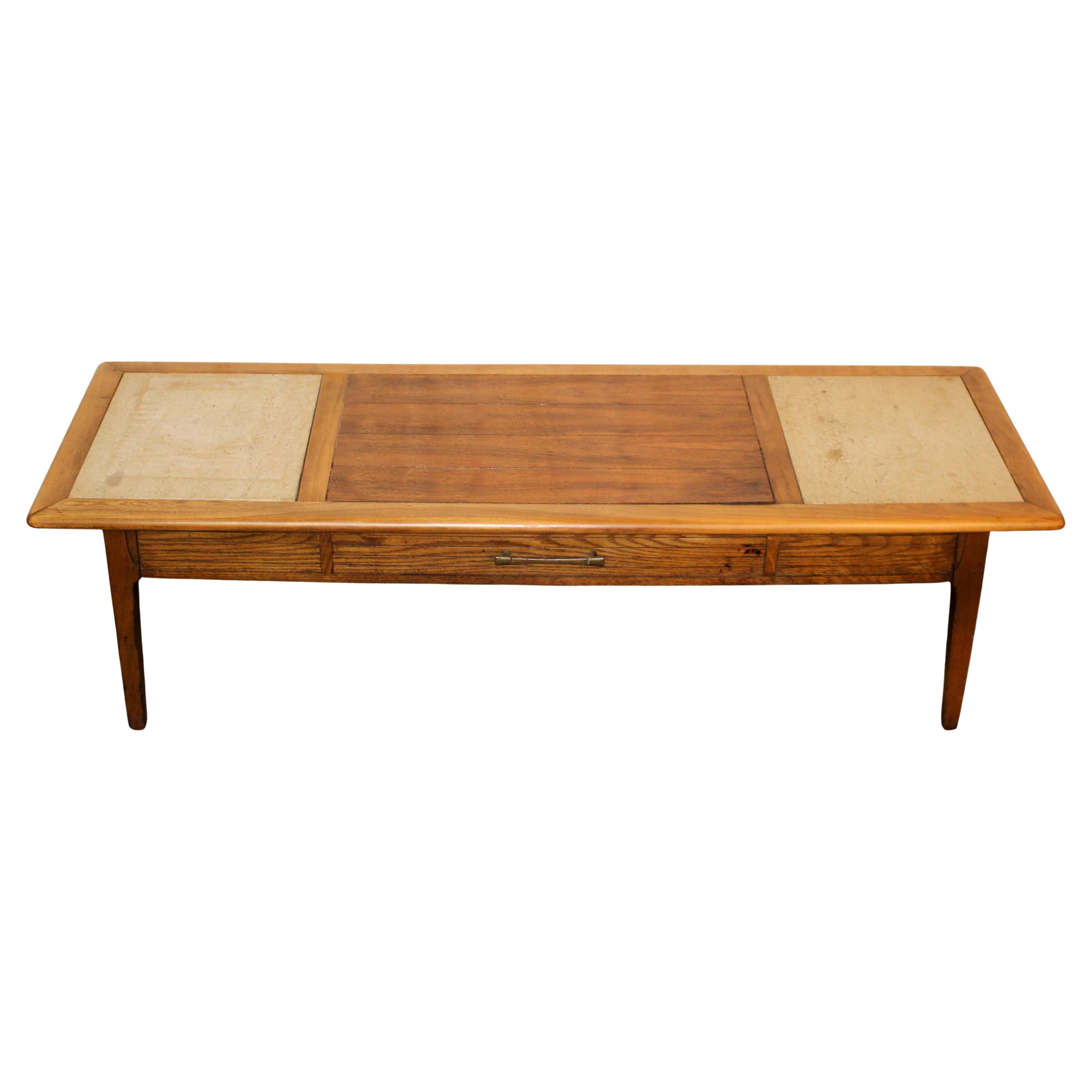 Mid-Century Walnut Coffee Table with Travertine Tiles by Lane For Sale