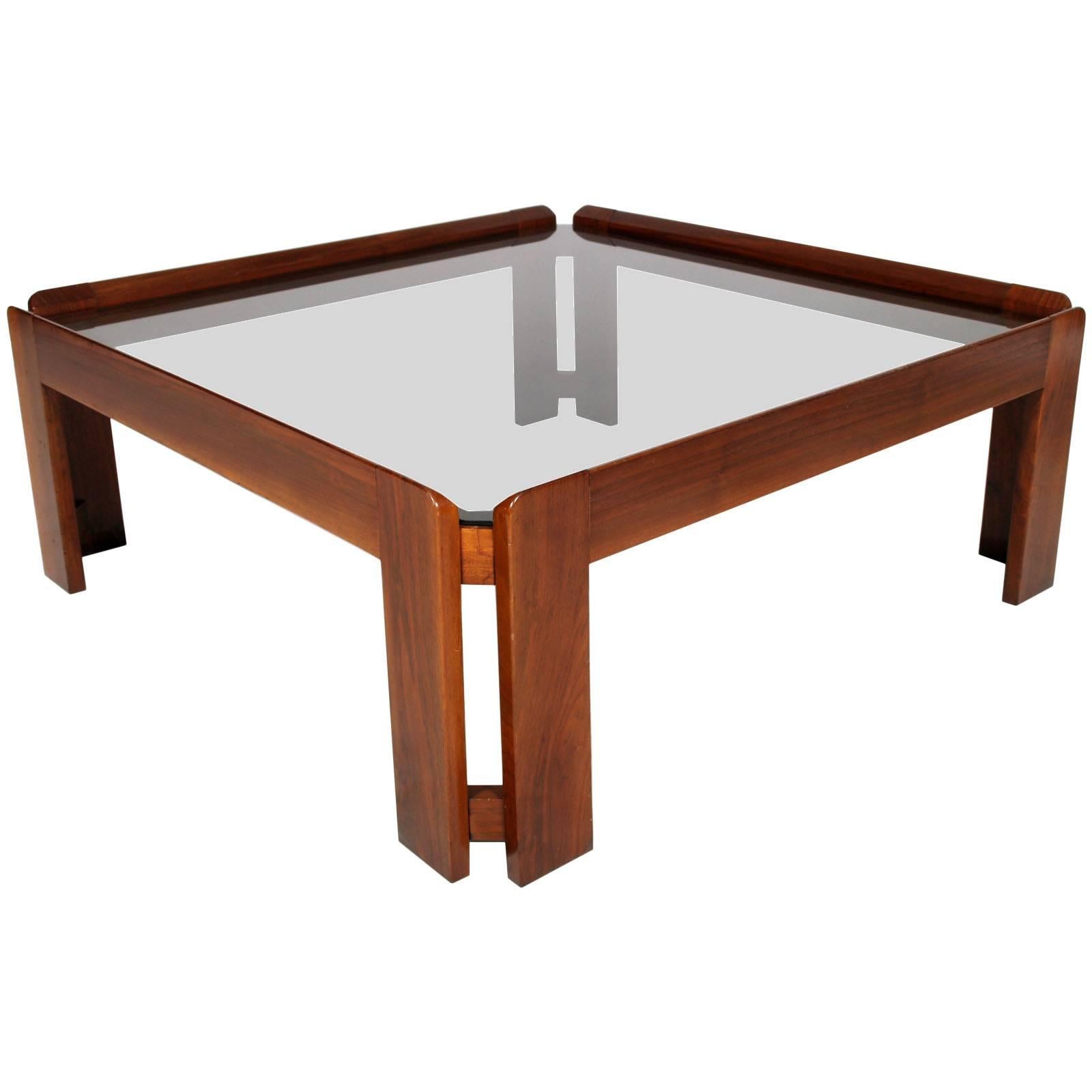 Postmodern Walnut Coffee Table Top Cristal Fumè, Afra & Tobia Scarpa for Cassina For Sale