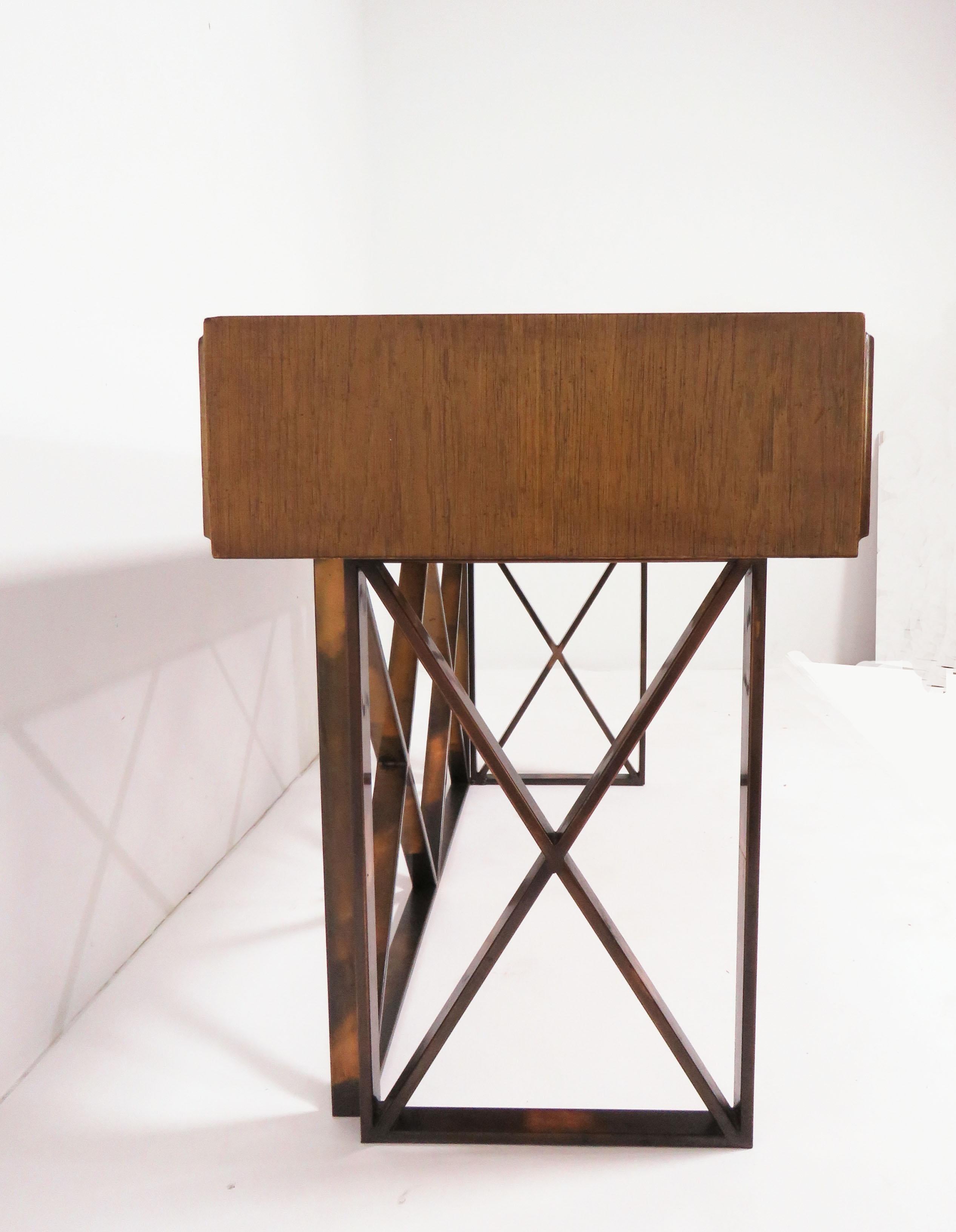 Midcentury Walnut Console or Writing Table with X-Form Bronzed Base, circa 1970s 3