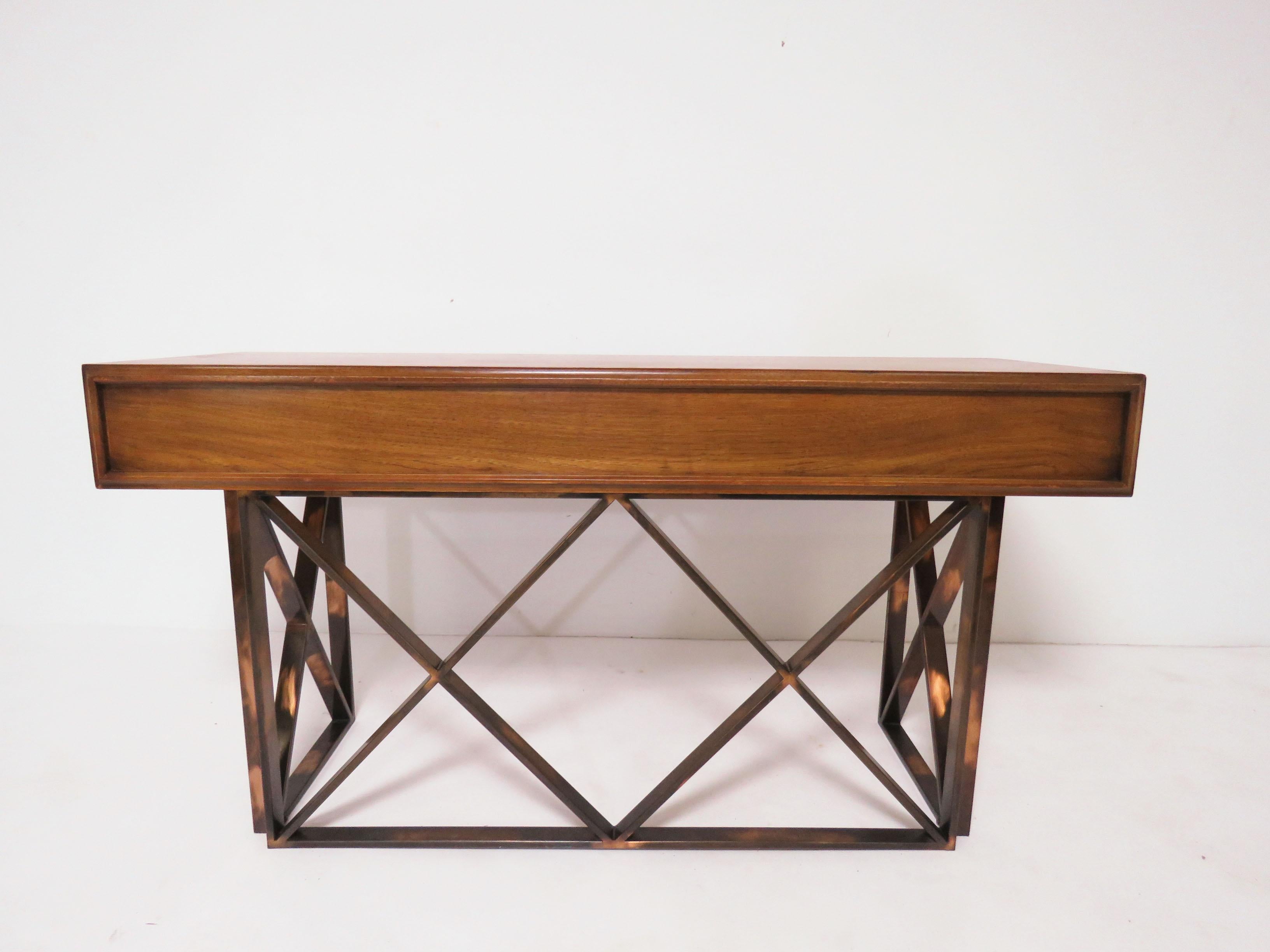 Midcentury Walnut Console or Writing Table with X-Form Bronzed Base, circa 1970s 6