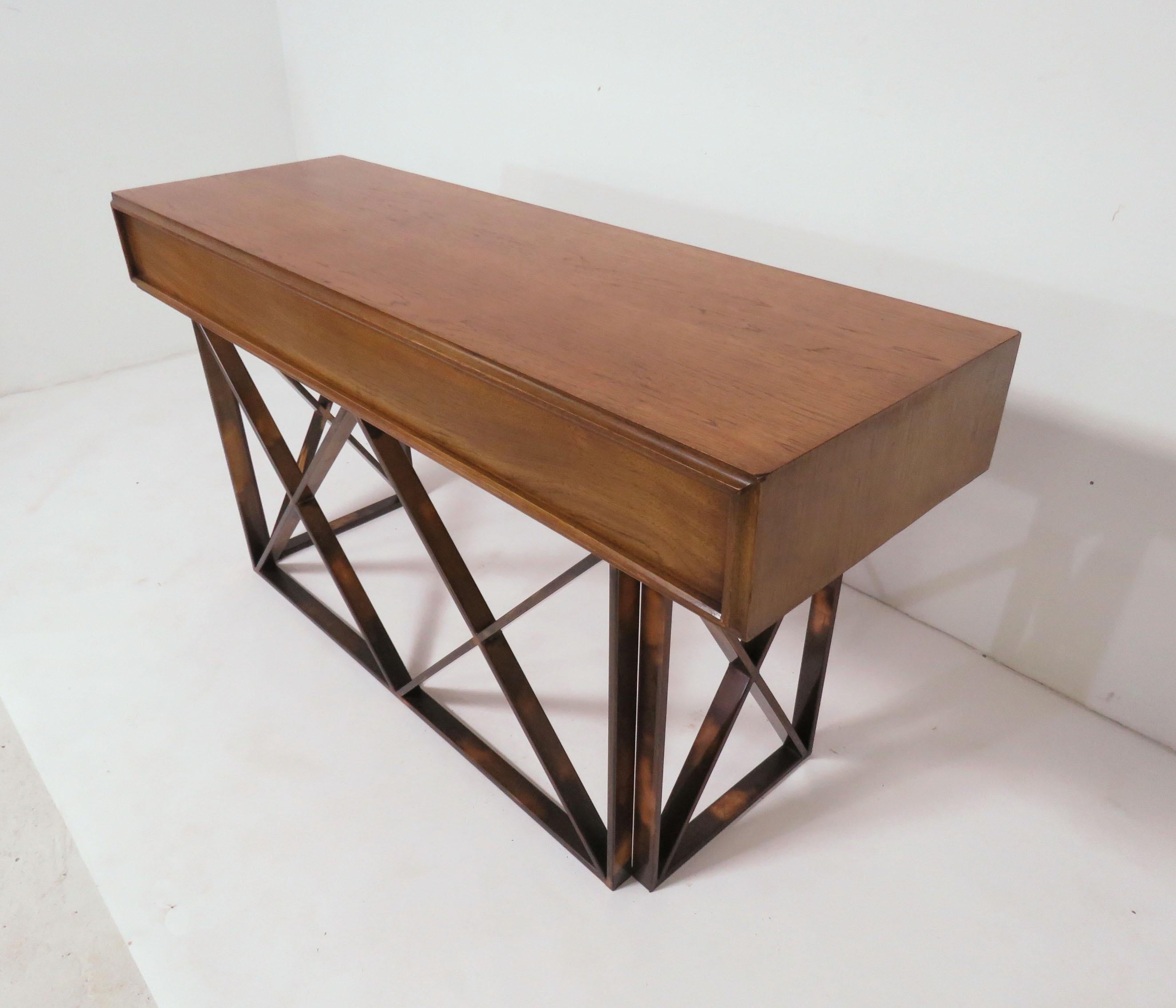 Midcentury Walnut Console or Writing Table with X-Form Bronzed Base, circa 1970s 7