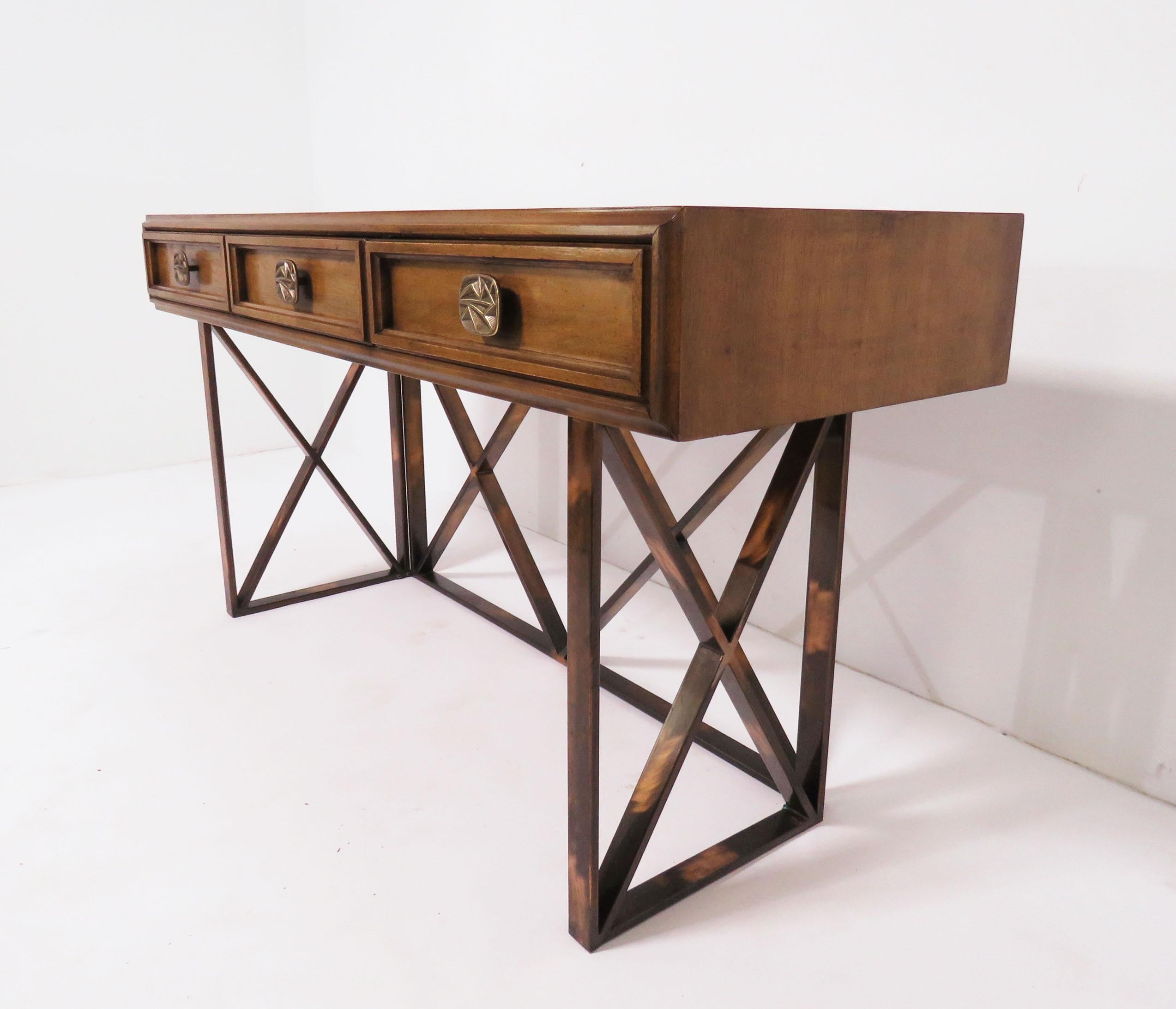 Mid-Century Modern Midcentury Walnut Console or Writing Table with X-Form Bronzed Base, circa 1970s