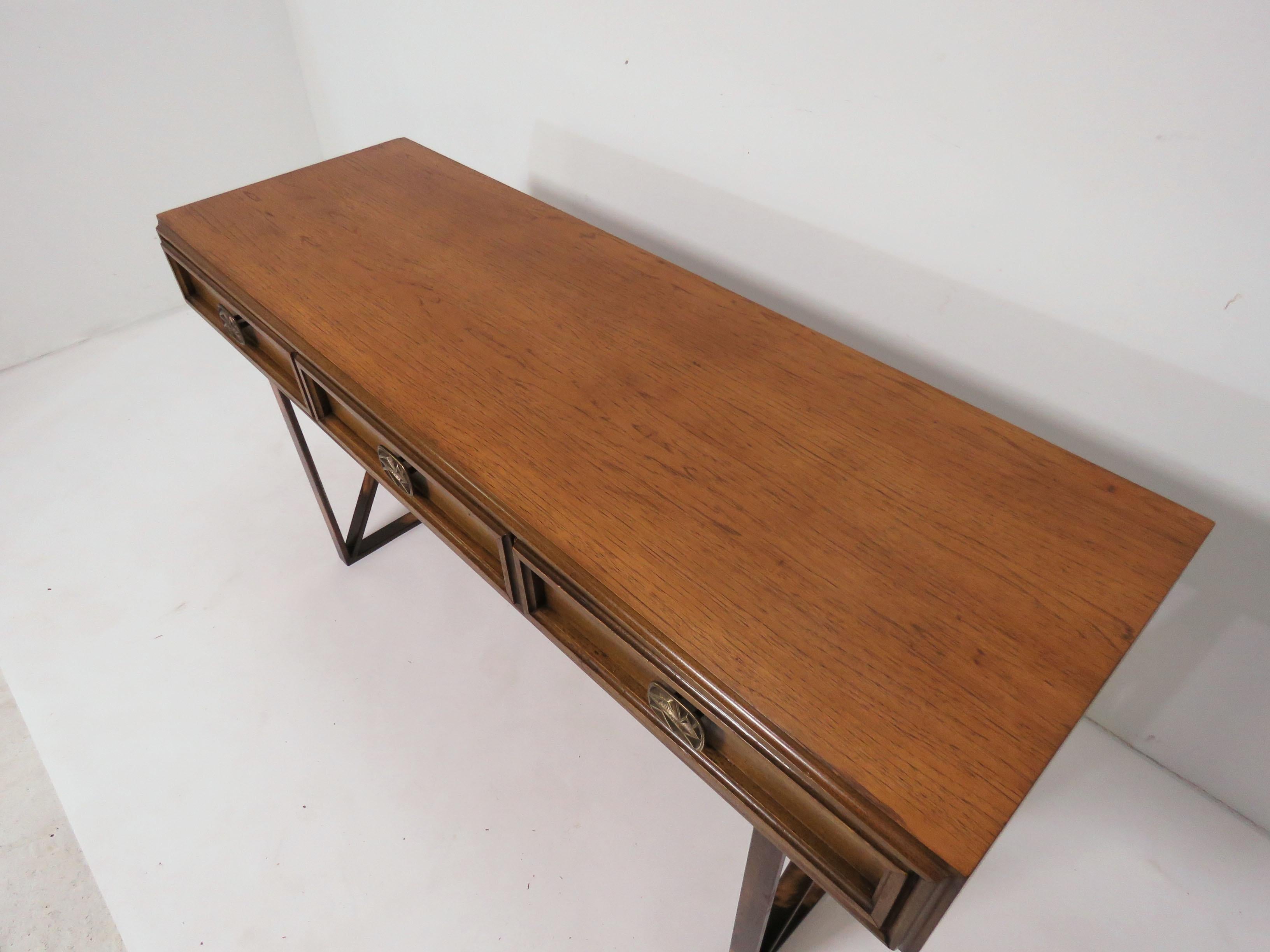 American Midcentury Walnut Console or Writing Table with X-Form Bronzed Base, circa 1970s