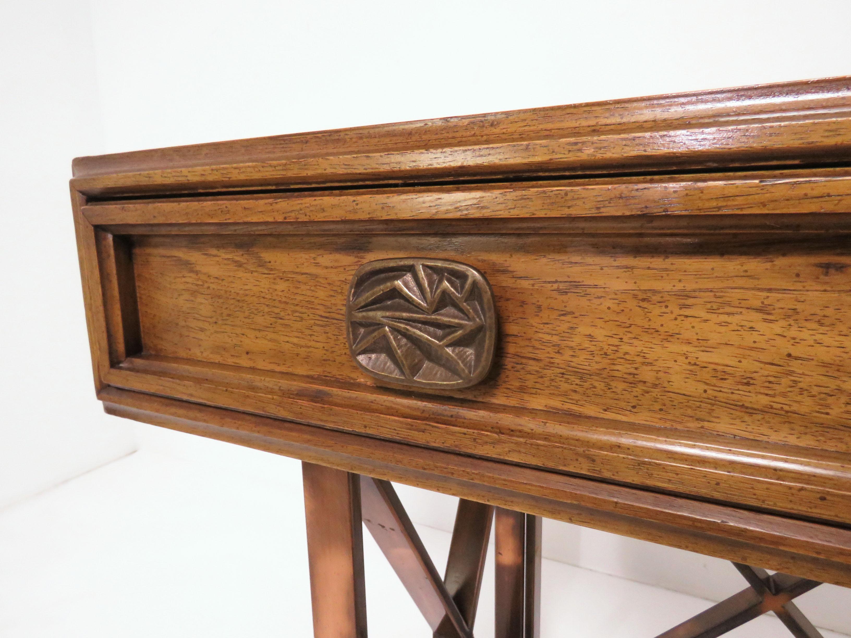 Late 20th Century Midcentury Walnut Console or Writing Table with X-Form Bronzed Base, circa 1970s