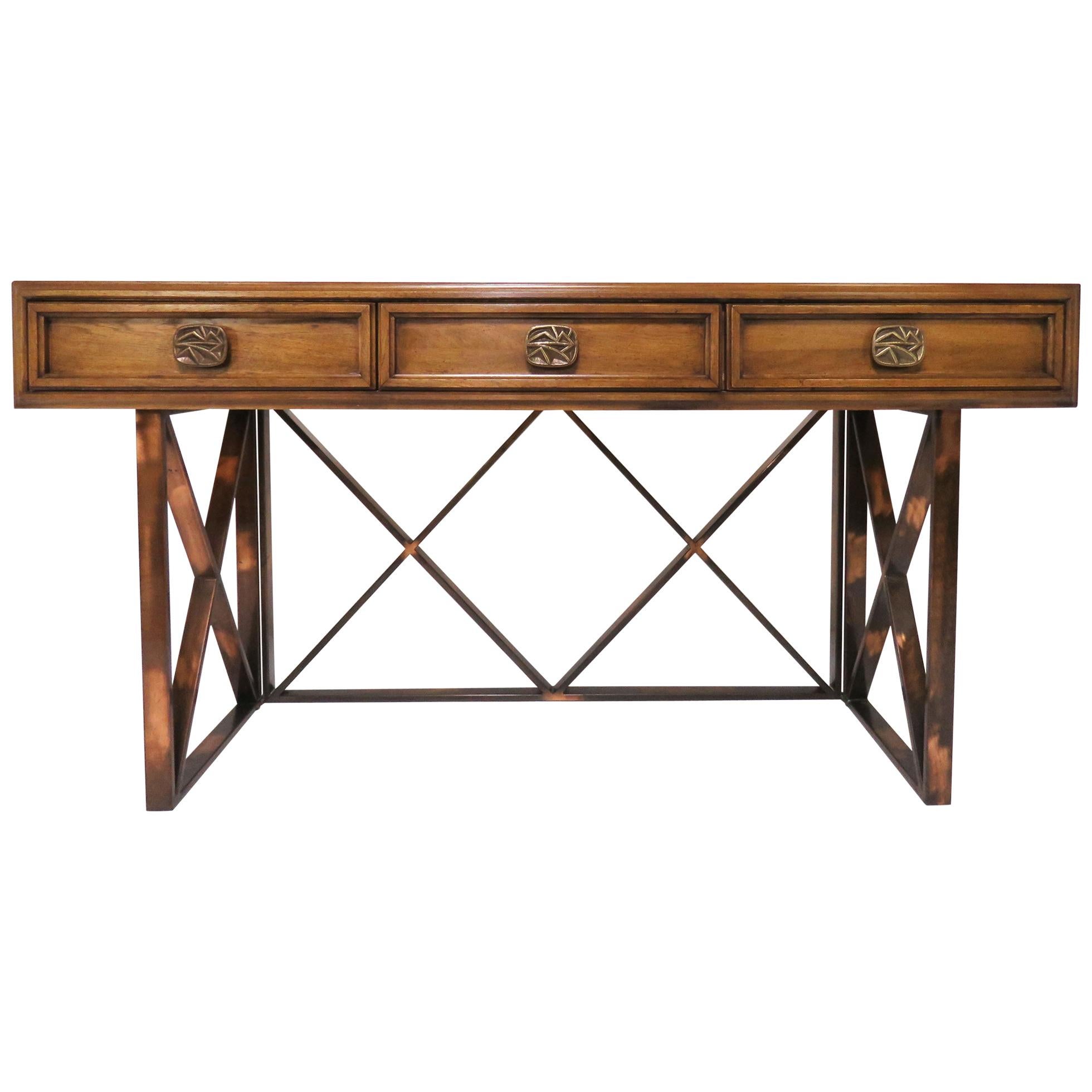 Midcentury Walnut Console or Writing Table with X-Form Bronzed Base, circa 1970s