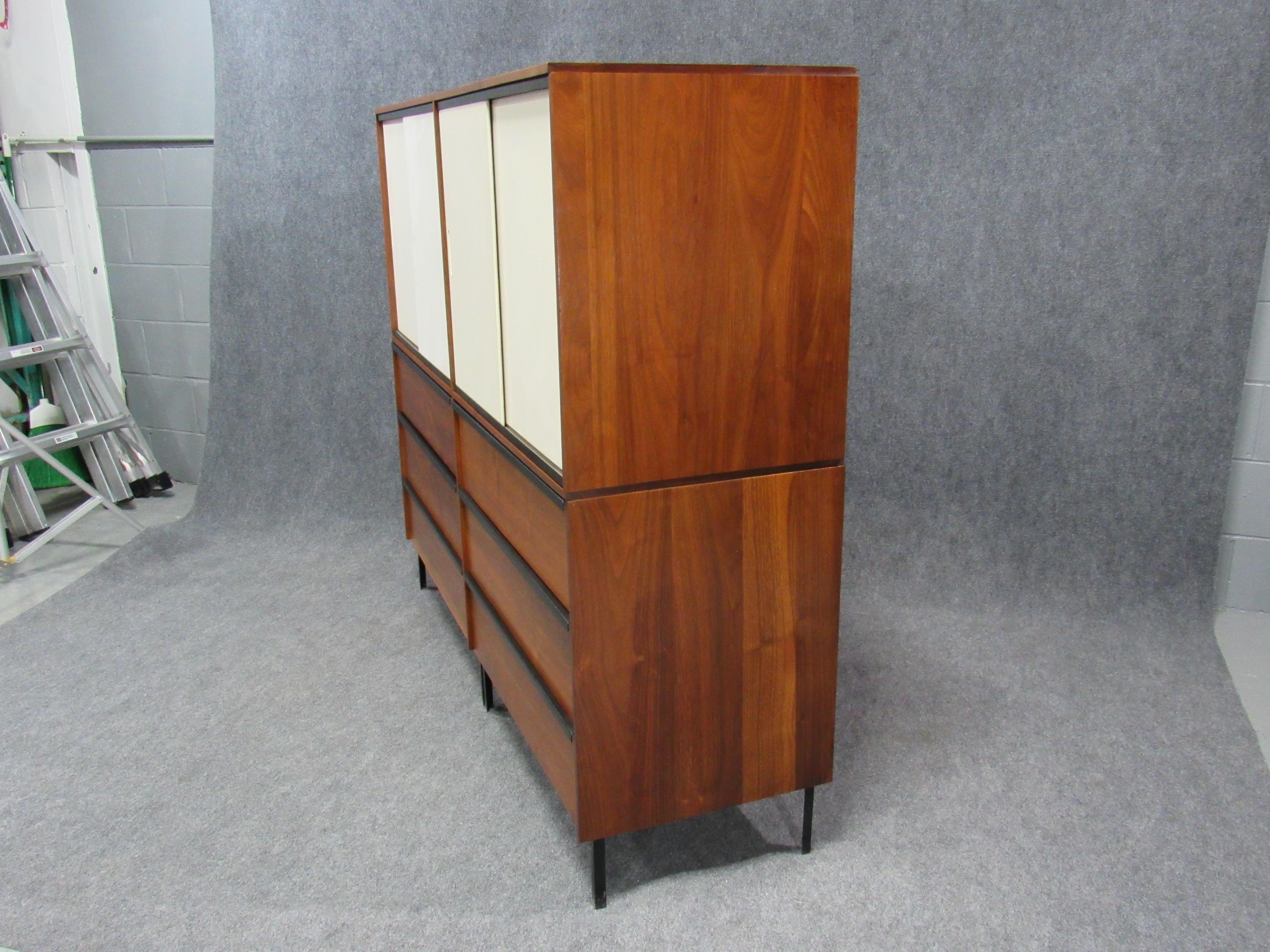 Midcentury solid walnut 2-piece multi-functional chest of drawers / credenda / cupboard attributed to D.R. Bates for Vista of California. Top cupboard unit measures 61