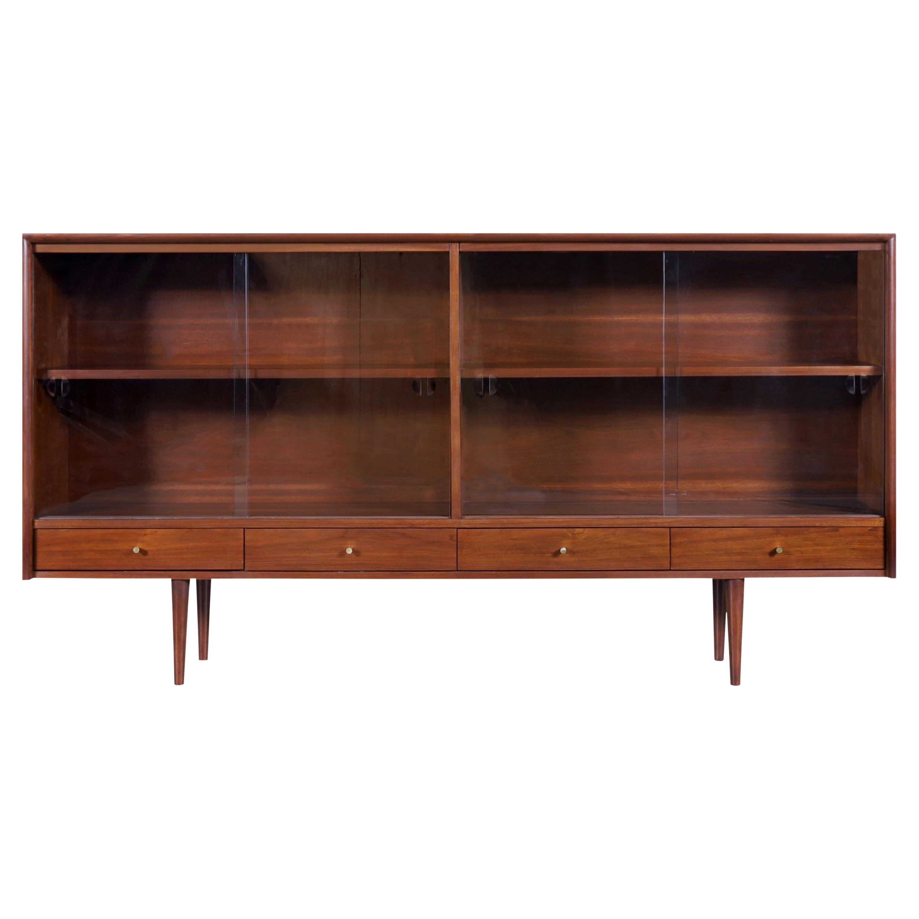 Mid-Century Walnut Credenza or Bookcase with Glass Doors by Merton Gershun