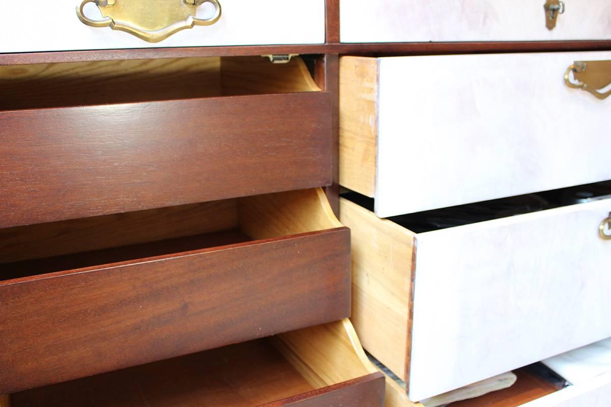 American Midcentury Walnut Credenza Sideboard with Bleached Doors and Brass Pulls For Sale