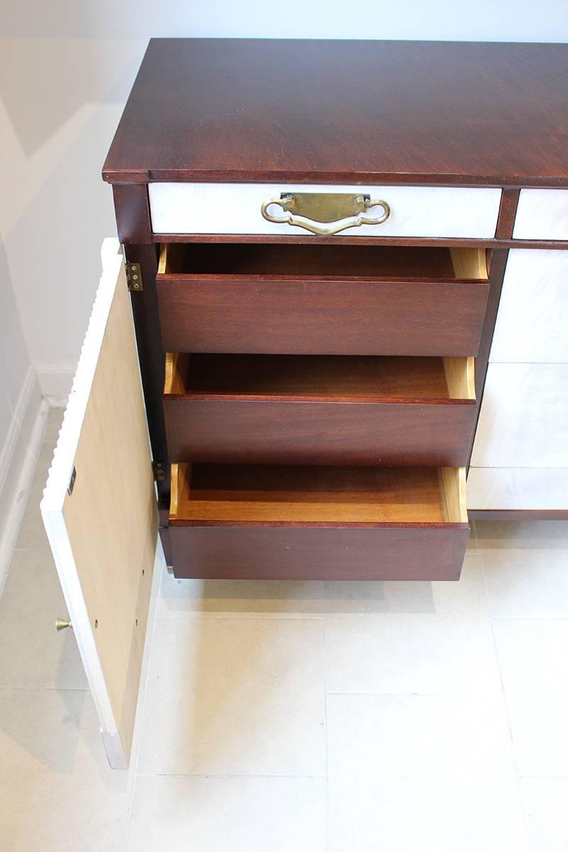 20th Century Midcentury Walnut Credenza Sideboard with Bleached Doors and Brass Pulls For Sale