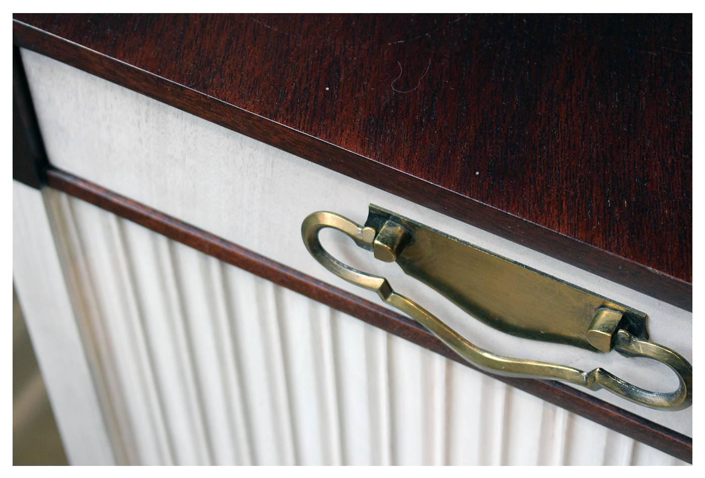 Midcentury Walnut Credenza Sideboard with Bleached Doors and Brass Pulls For Sale 1