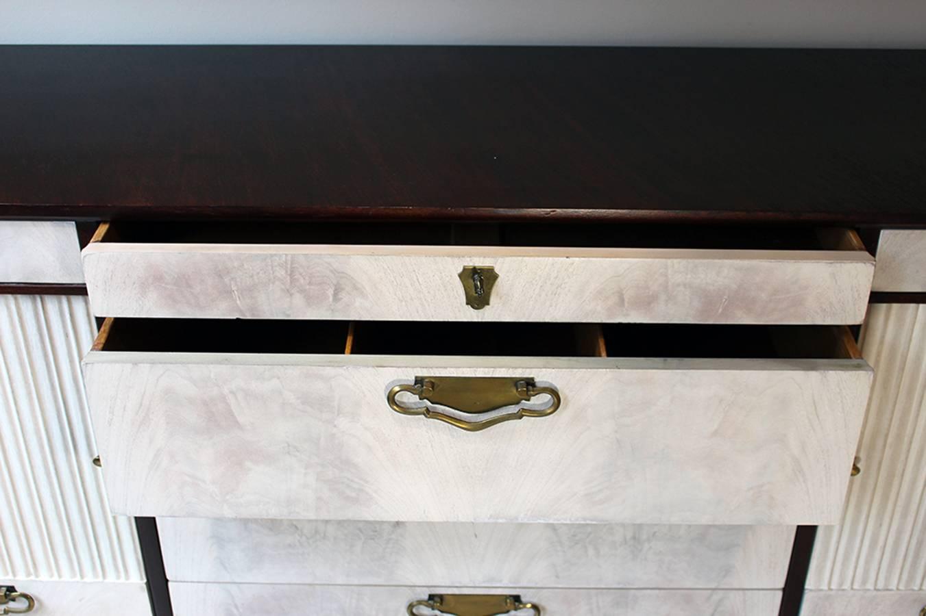 Midcentury Walnut Credenza Sideboard with Bleached Doors and Brass Pulls For Sale 2
