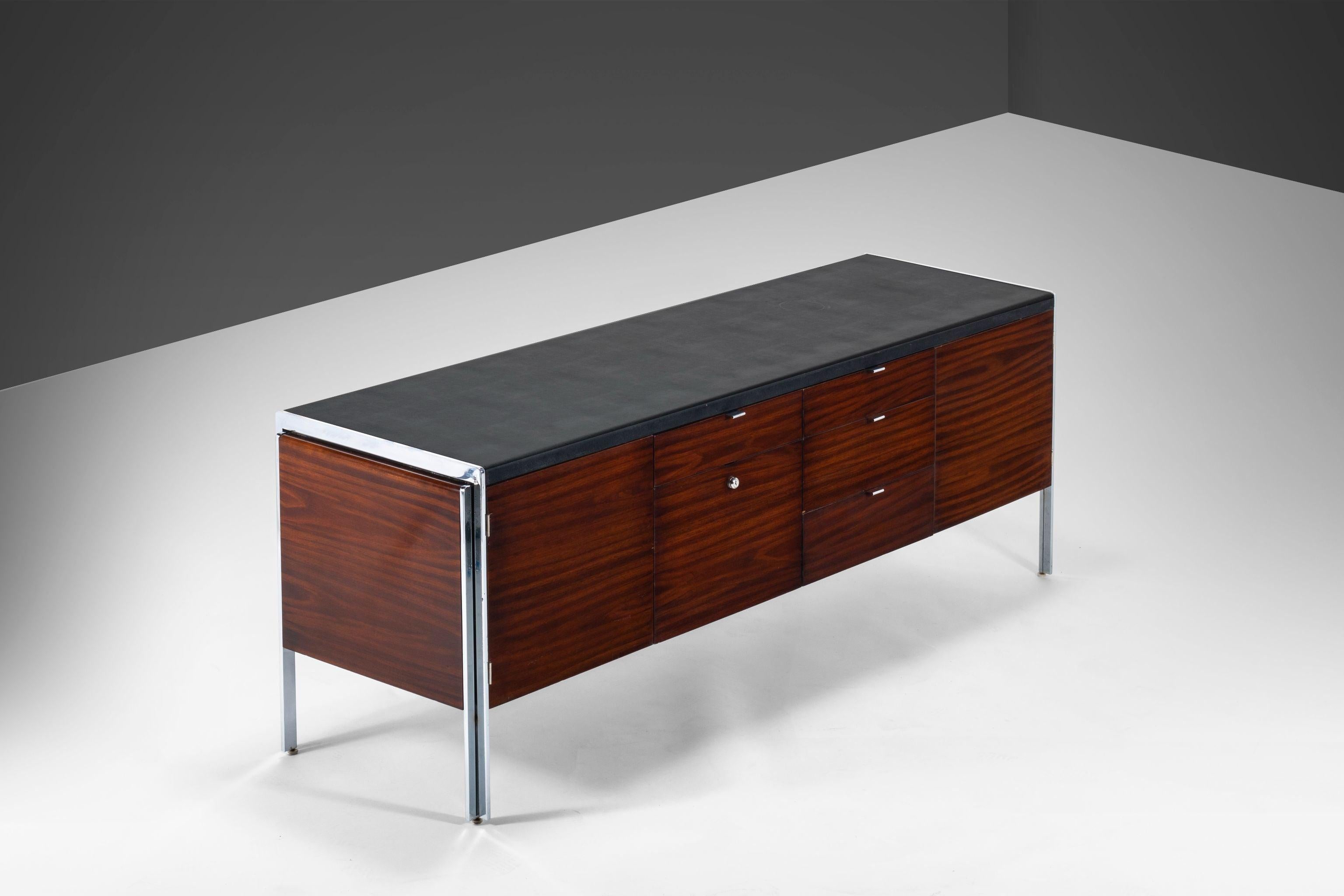 Mid-Century Modern Mid Century Walnut Credenza with the Original Vinyl Top and Chrome Detailing