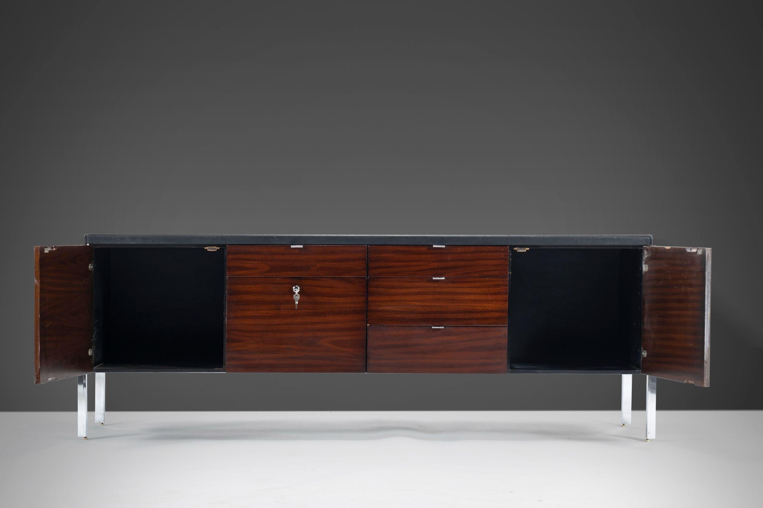 American Mid Century Walnut Credenza with the Original Vinyl Top and Chrome Detailing