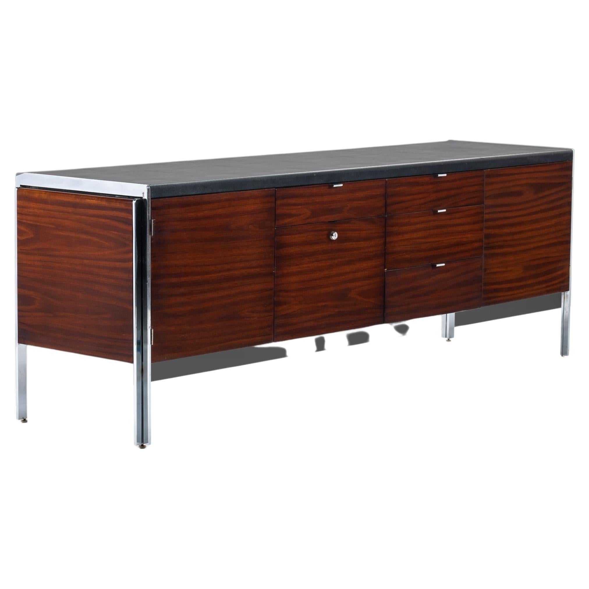 Mid Century Walnut Credenza with the Original Vinyl Top and Chrome Detailing