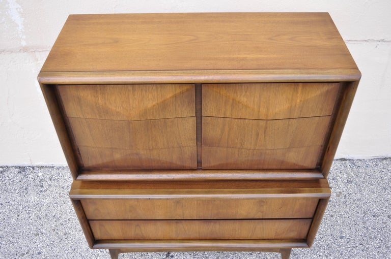Mid Century Walnut Diamond Front Chest on Chest Dresser by United Furniture For Sale 4