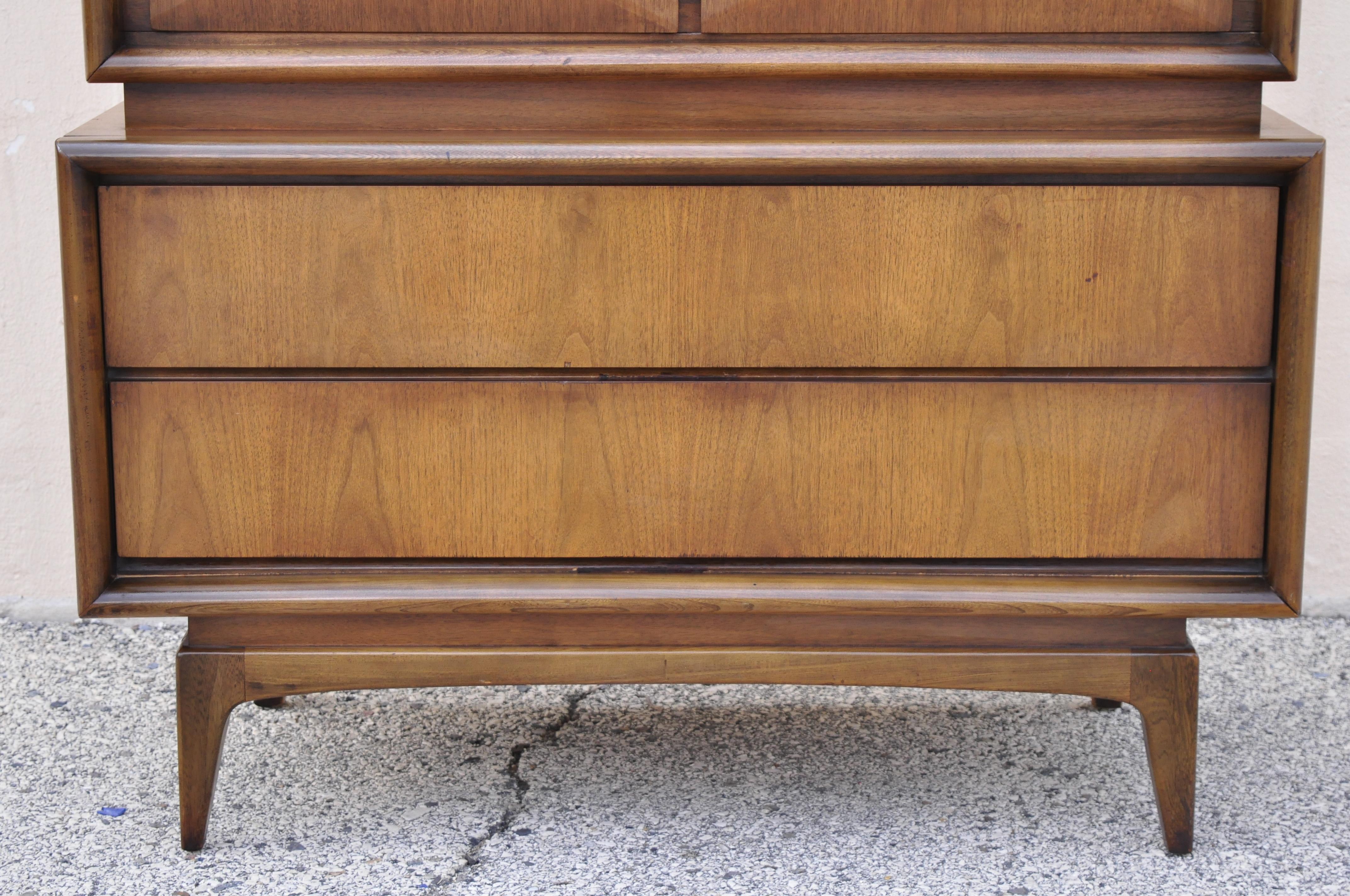 North American Mid Century Walnut Diamond Front Chest on Chest Dresser by United Furniture