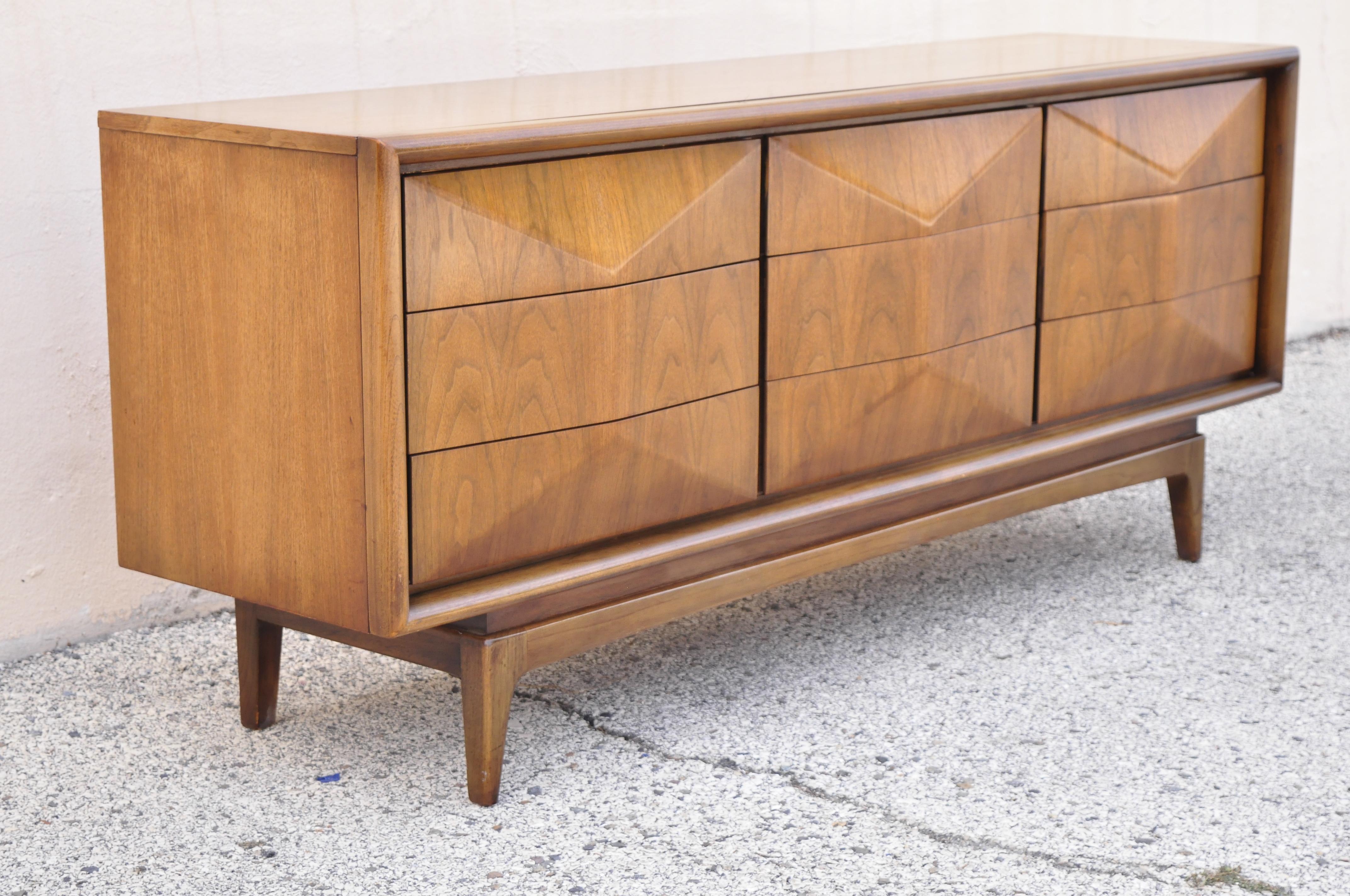 Mid Century Walnut Diamond Front Long Dresser Credenza by United Furniture 4