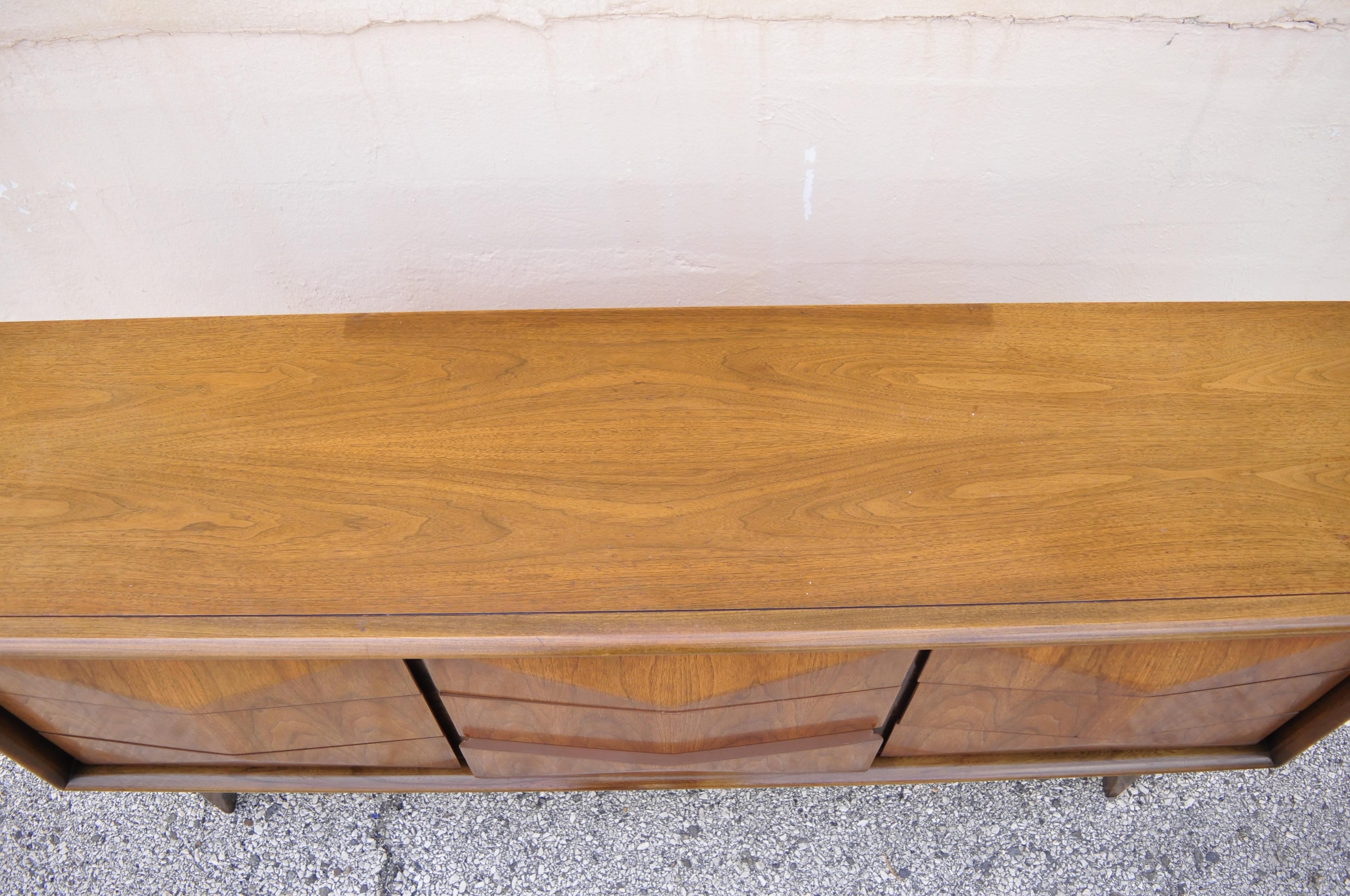 Mid Century Walnut Diamond Front Long Dresser Credenza by United Furniture 1