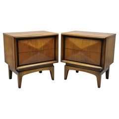 Mid Century Walnut Diamond Front Nightstands Bedside Tables by United, a Pair