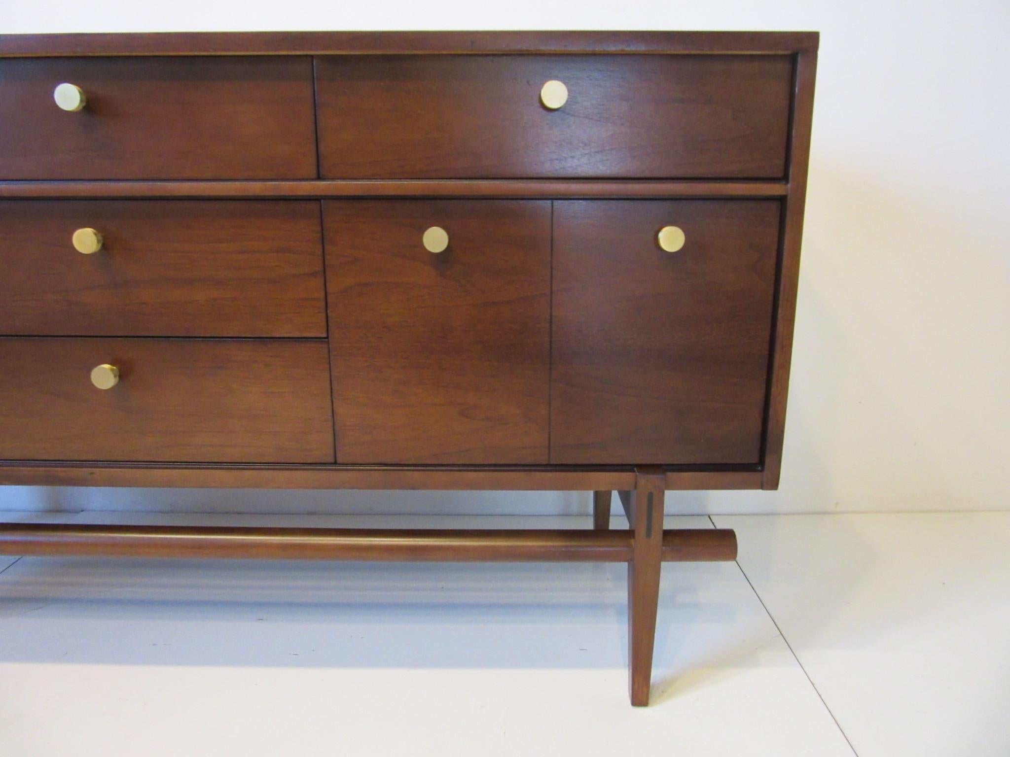 American Midcentury Walnut Dresser / Chest with Brass Pulls