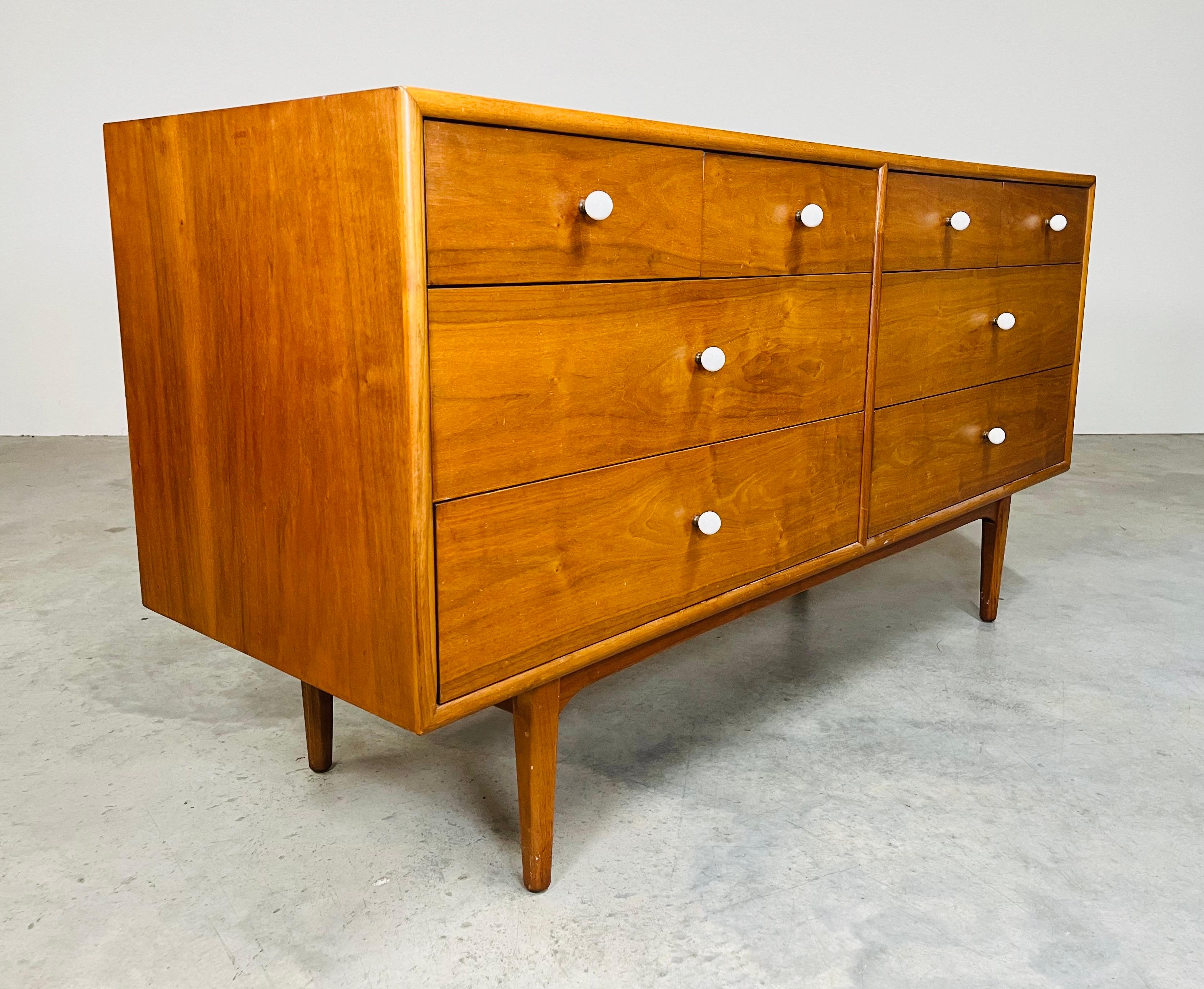 Brass Mid-Century Walnut Dresser Or Credenza By Kipp Stewart For Drexel Declaration
