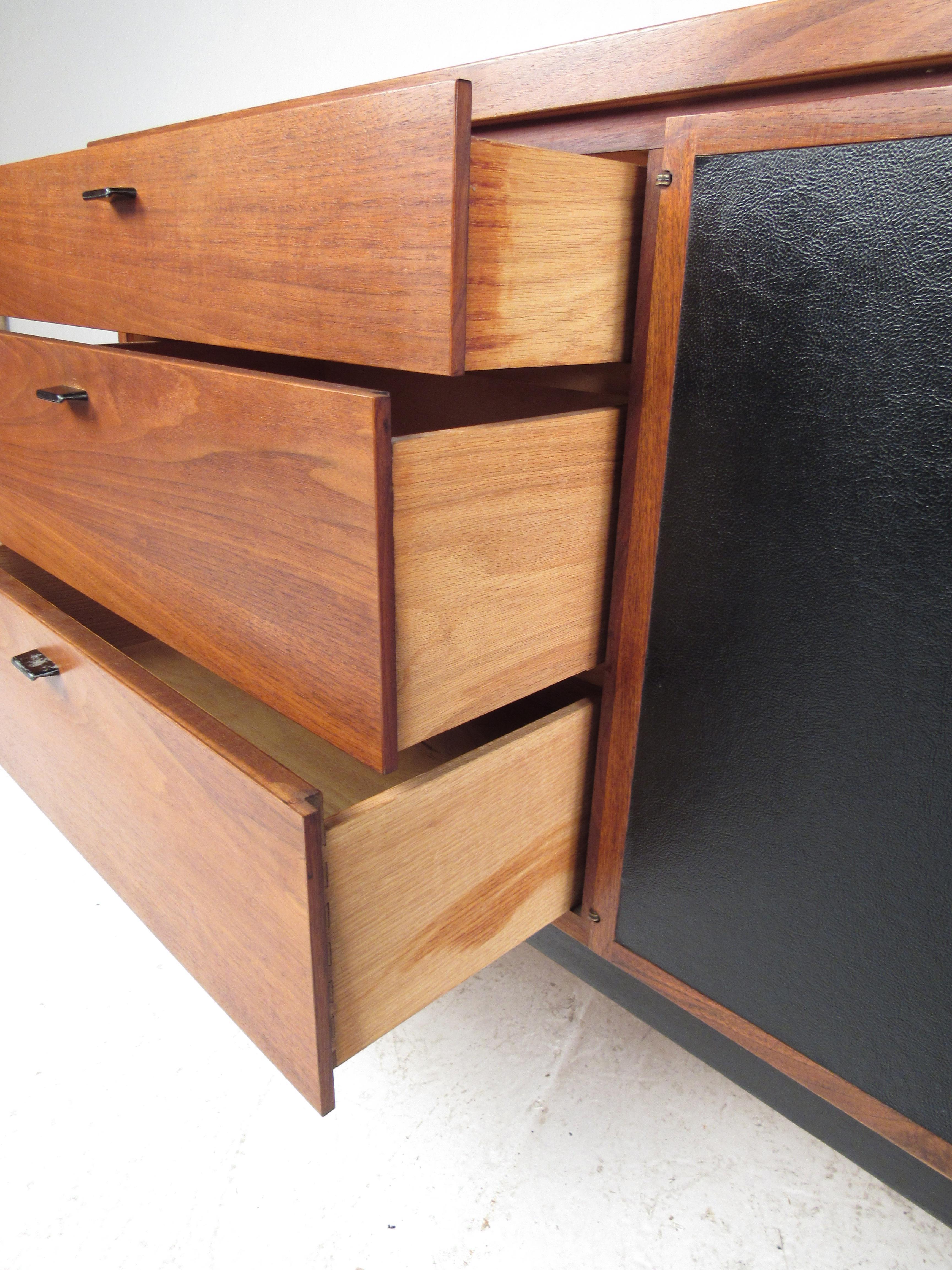 Midcentury Walnut Dresser with a Leather Front For Sale 5