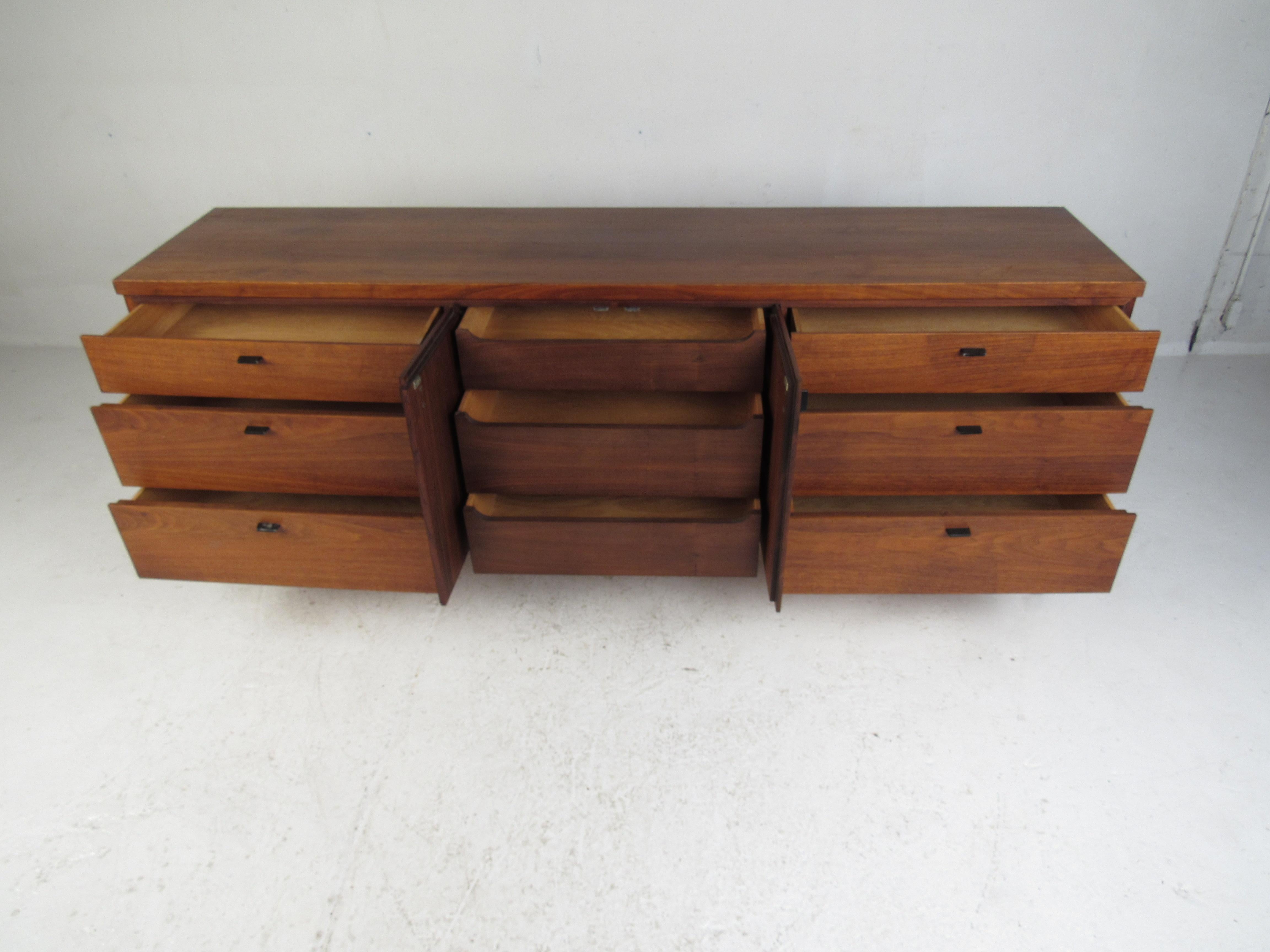 Midcentury Walnut Dresser with a Leather Front In Good Condition For Sale In Brooklyn, NY