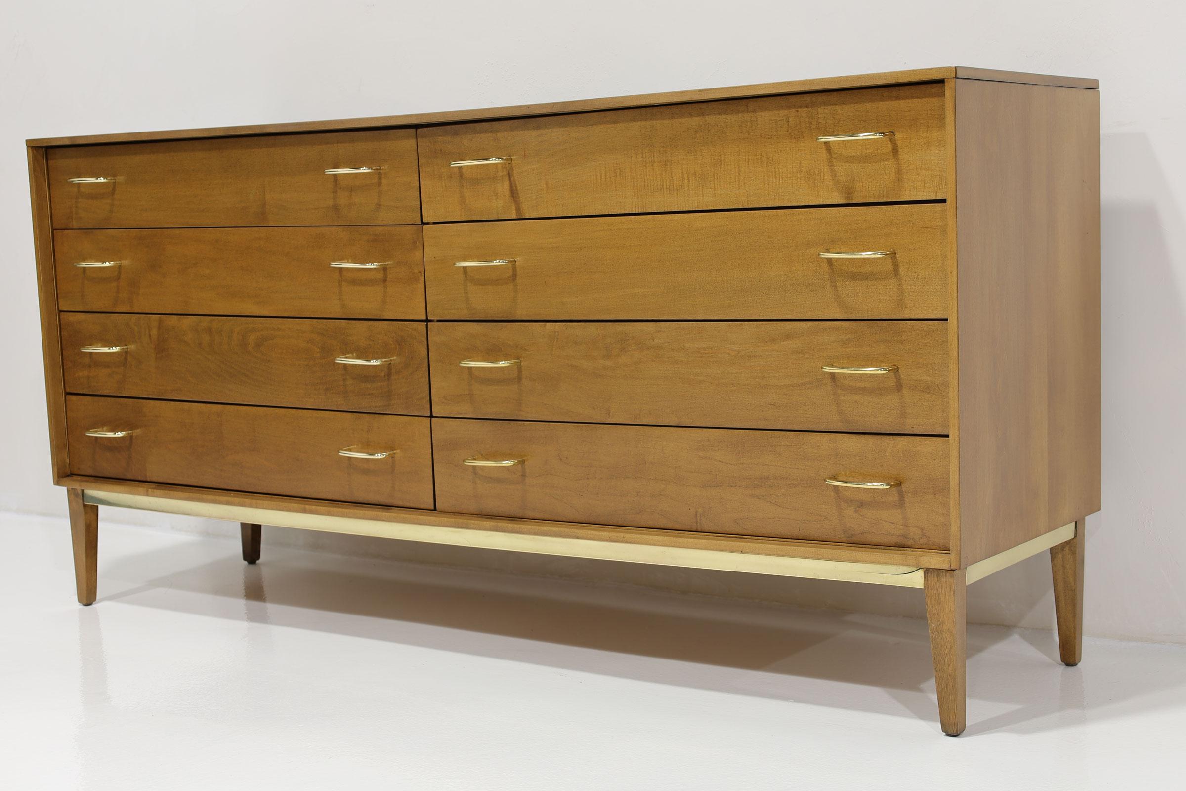 Mid-Century Modern Mid Century Walnut Dresser with Brass Pulls and Trim For Sale