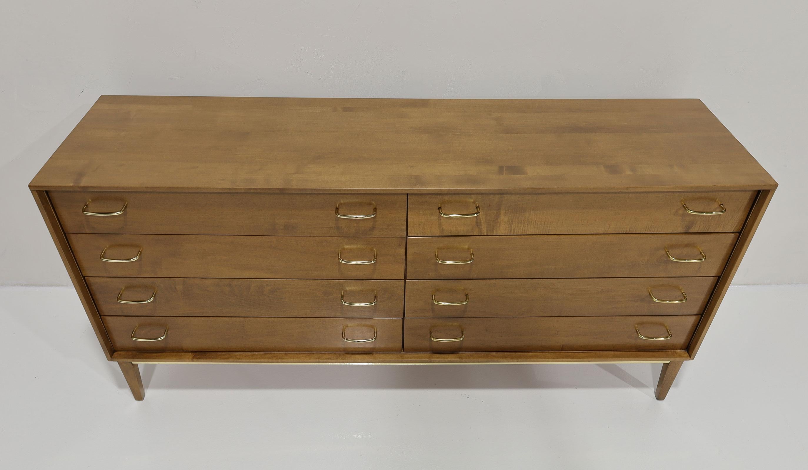 American Mid Century Walnut Dresser with Brass Pulls and Trim For Sale