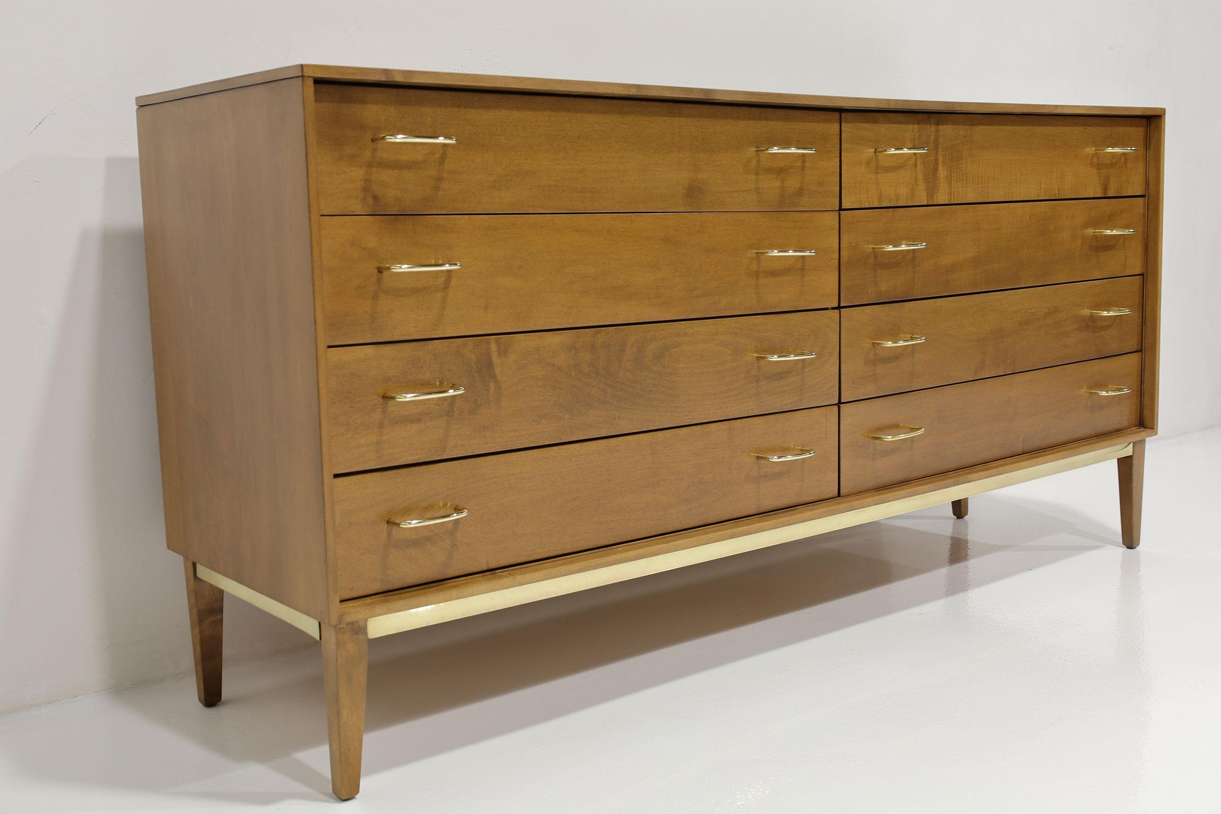 Mid Century Walnut Dresser with Brass Pulls and Trim For Sale 1