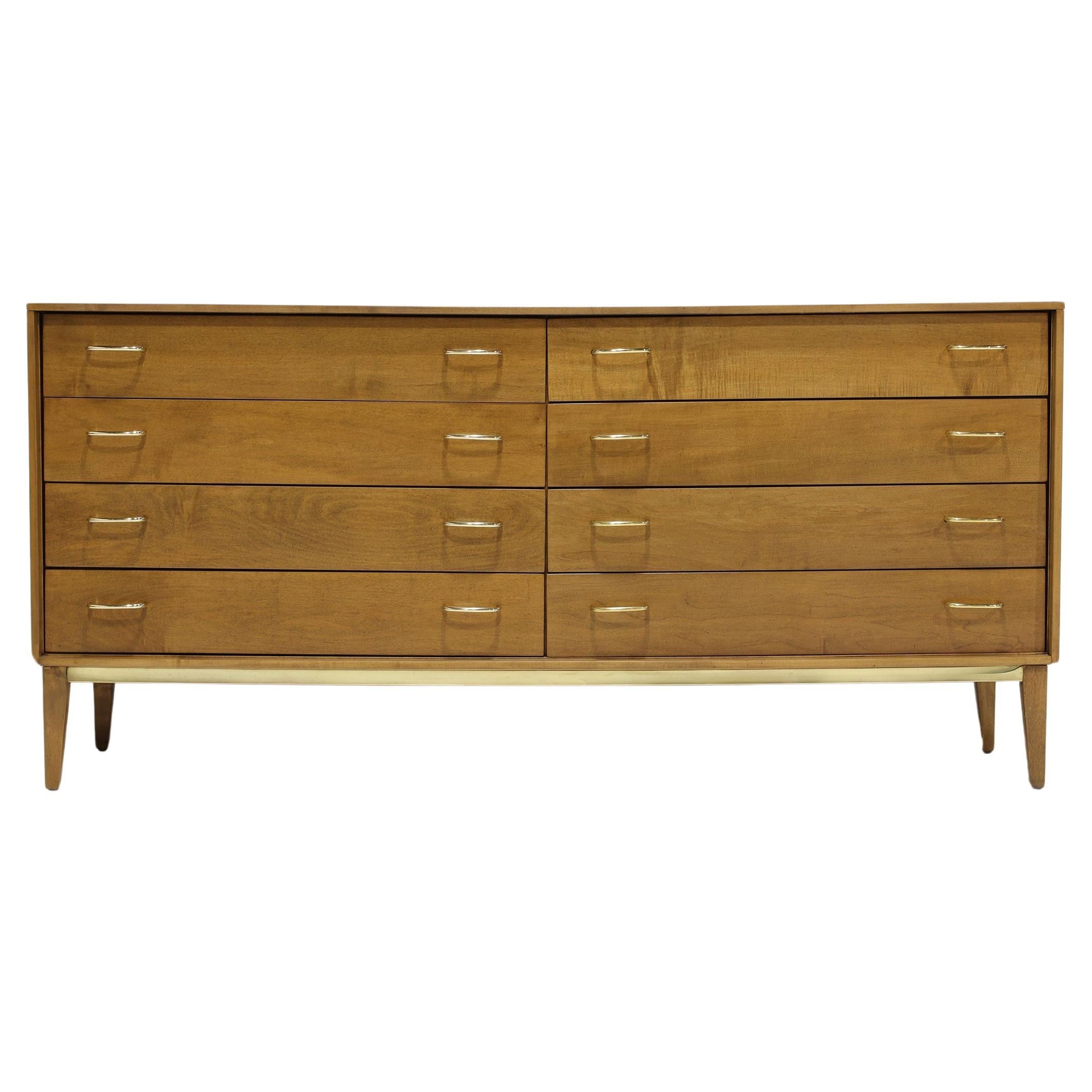 Mid Century Walnut Dresser with Brass Pulls and Trim For Sale