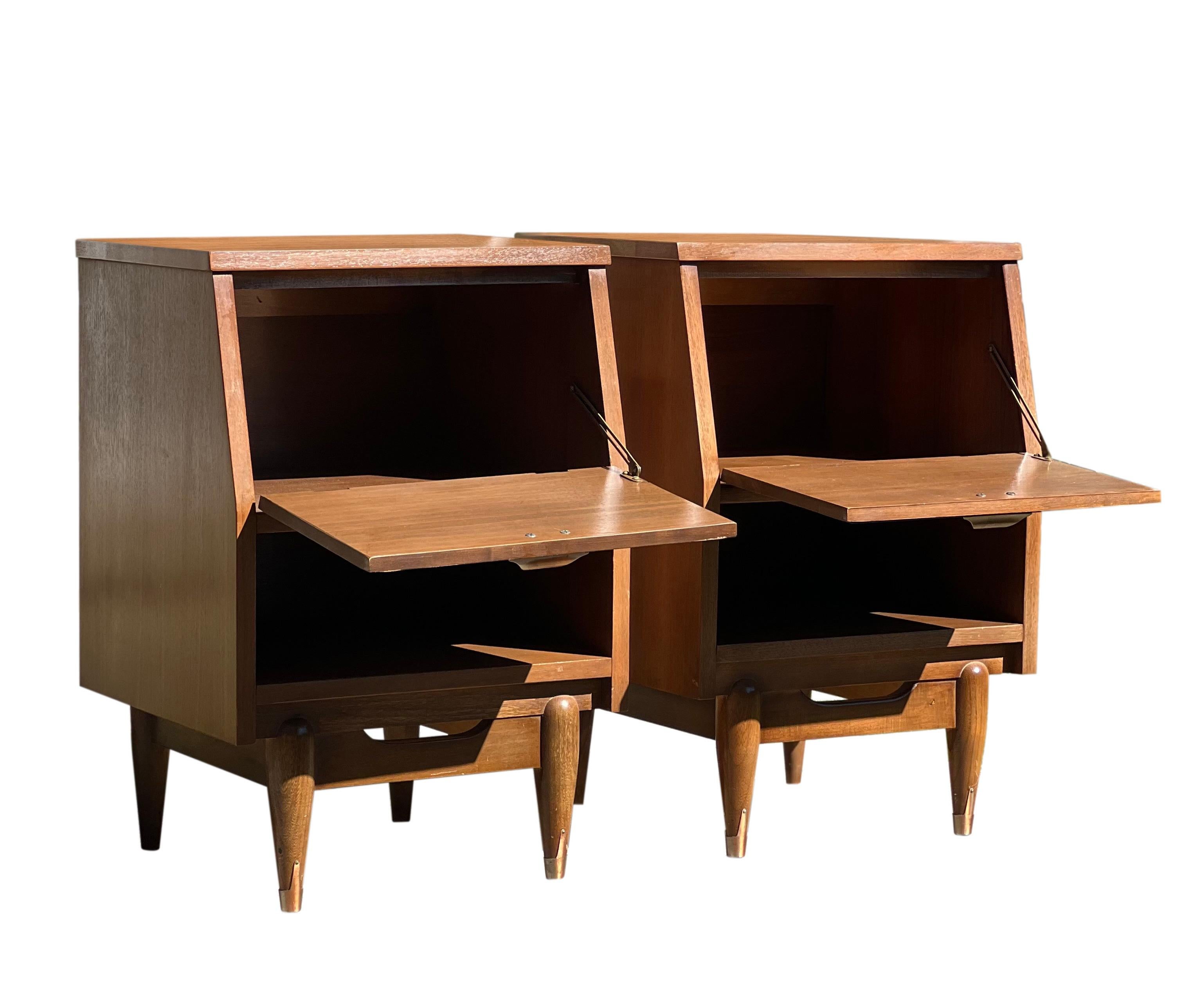 Mid Century Walnut DropFront Nightstands For Sale at 1stDibs