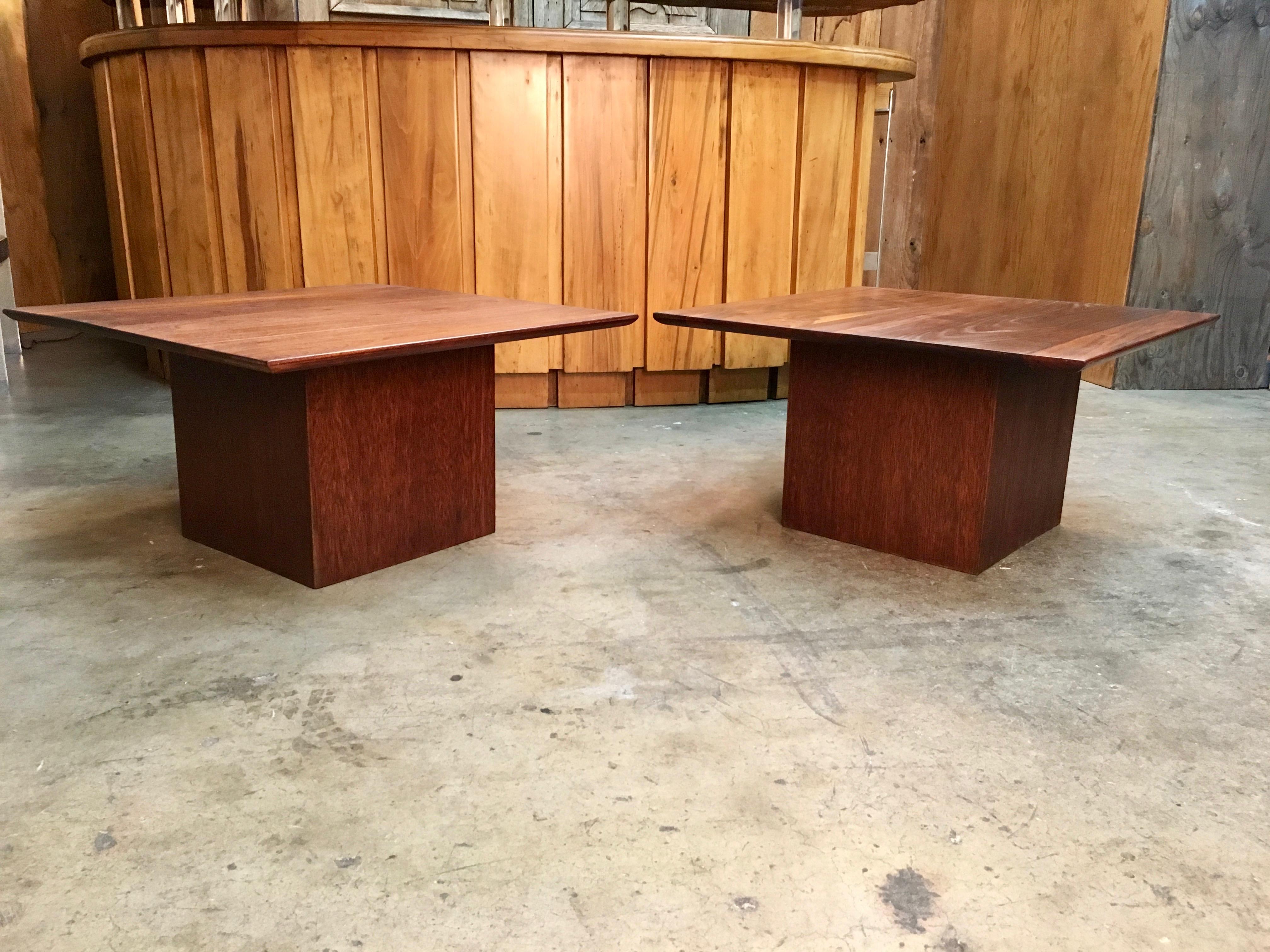 California Modern solid walnut beveled top side tables in the style of John Keal.