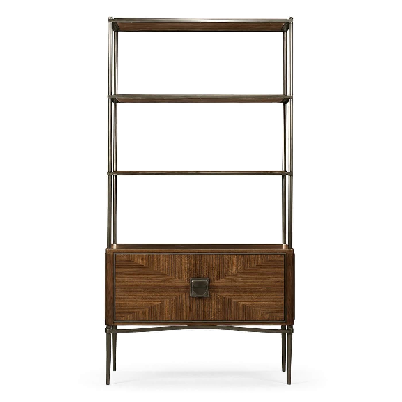 A Mid-Century modern style walnut etagere. Constructed of American walnut with a transparent, lacquer finish. The doors feature quartered walnut veneer in a box pattern. The brass frame, legs, and hardware are cast in acid, dipped, and hand-rubbed