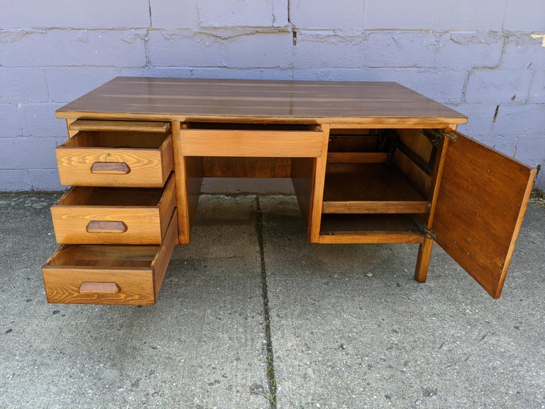Midcentury Walnut Executive School Teacher Desk Typewriter Drawer Library At 1stdibs