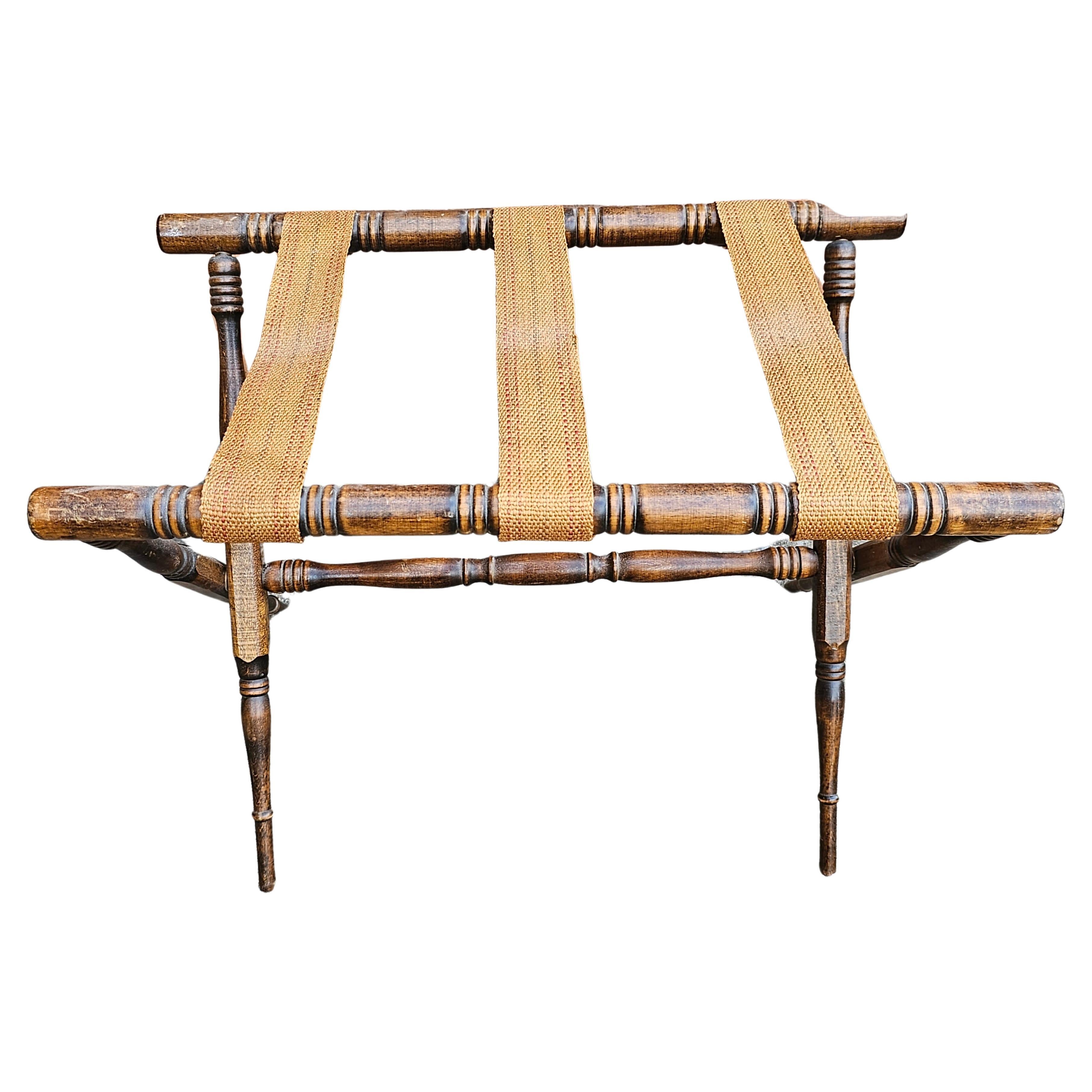 A Mid-Century Walnut Faux Bamboo spindle Luggage or Serving Tray Rack and Stand. Folds for easy storage. 