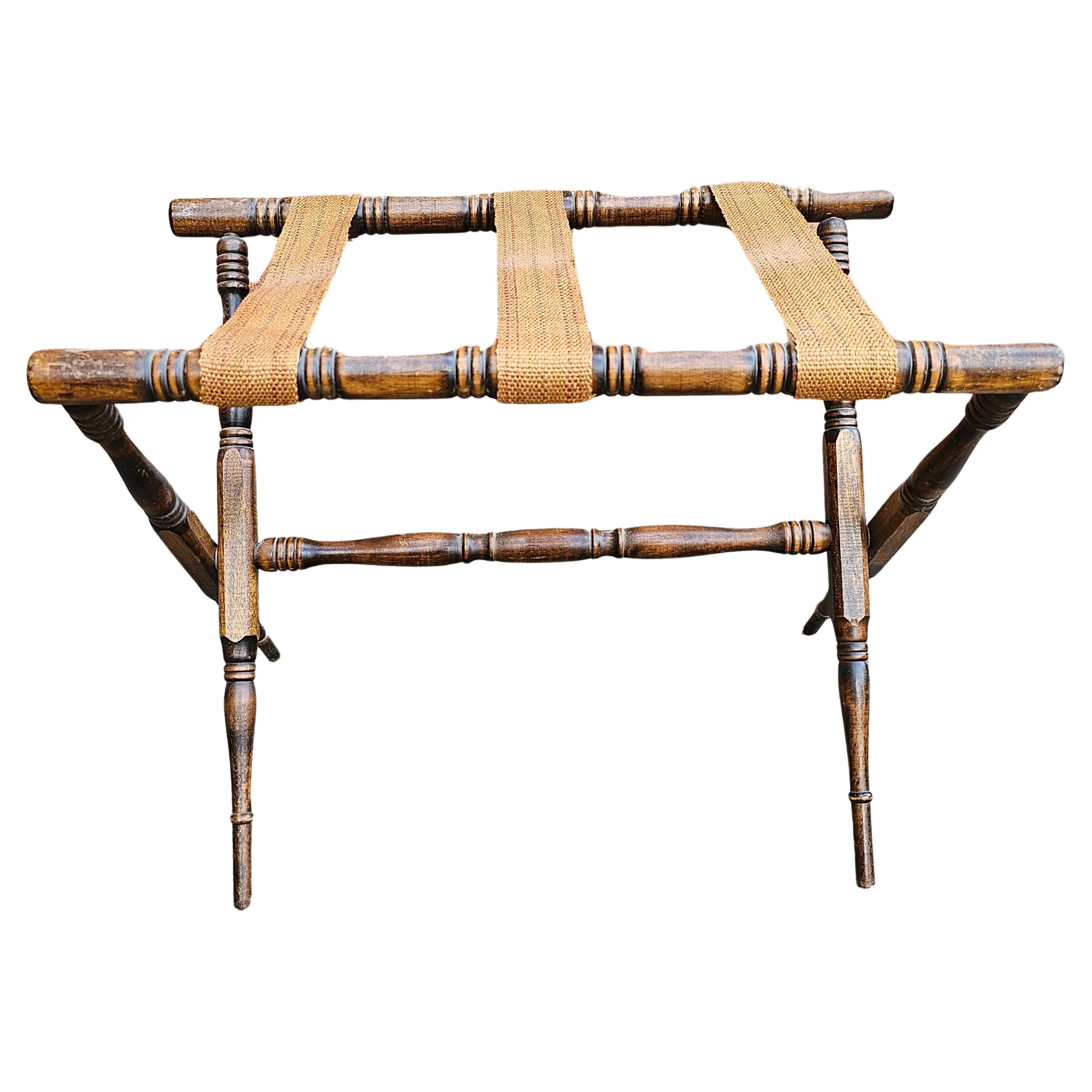 Mid-Century Walnut Faux Bamboo Luggage or Serving Tray Rack and Stand