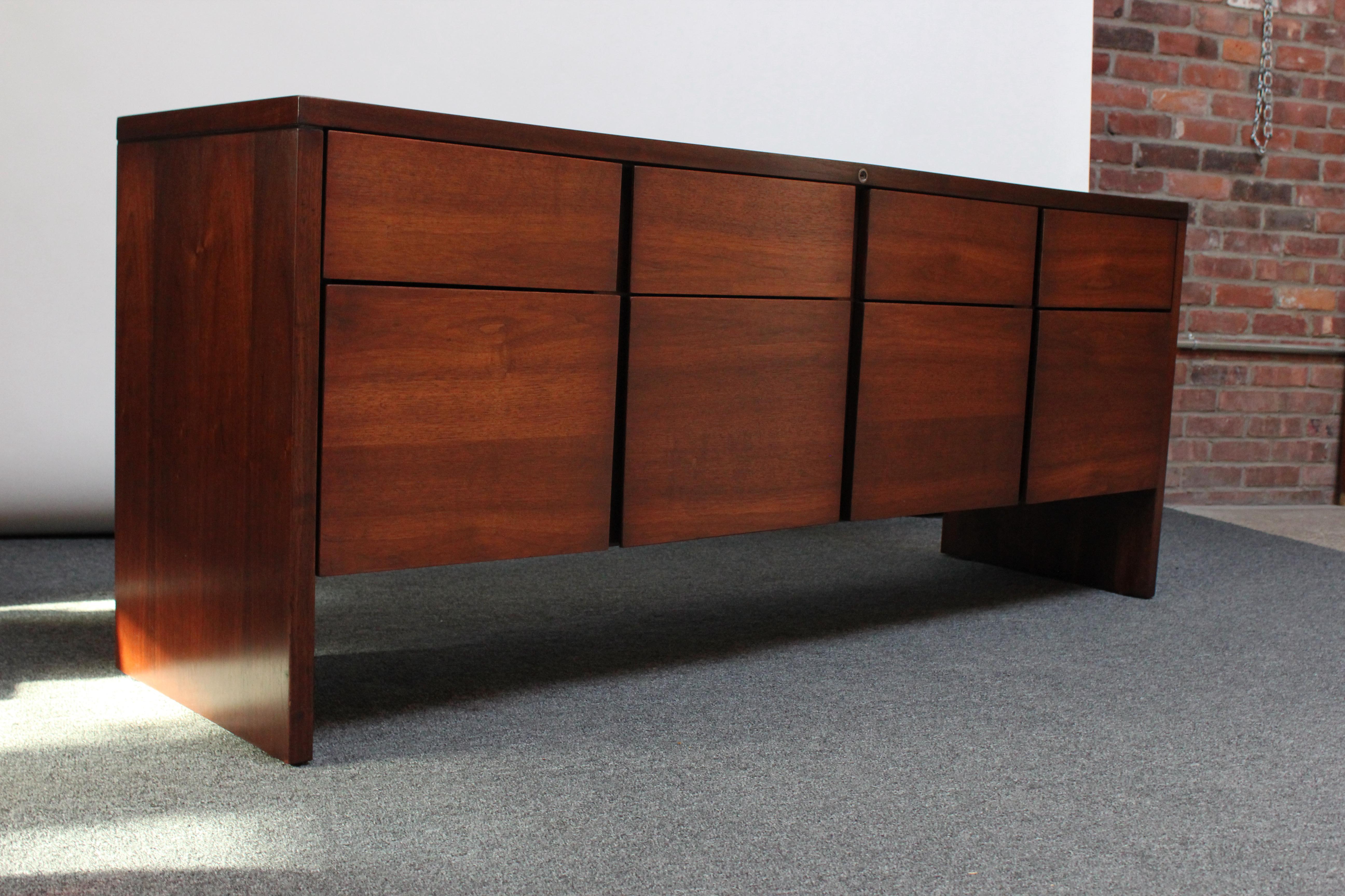 Walnut filing cabinet / credenza manufactured by Steelcase (ca. 1950s, USA). Known for the incorporation of steel in their products, Steelcase pieces are extremely heavy and durable (not delicate and flimsy in the slightest) and were designed for