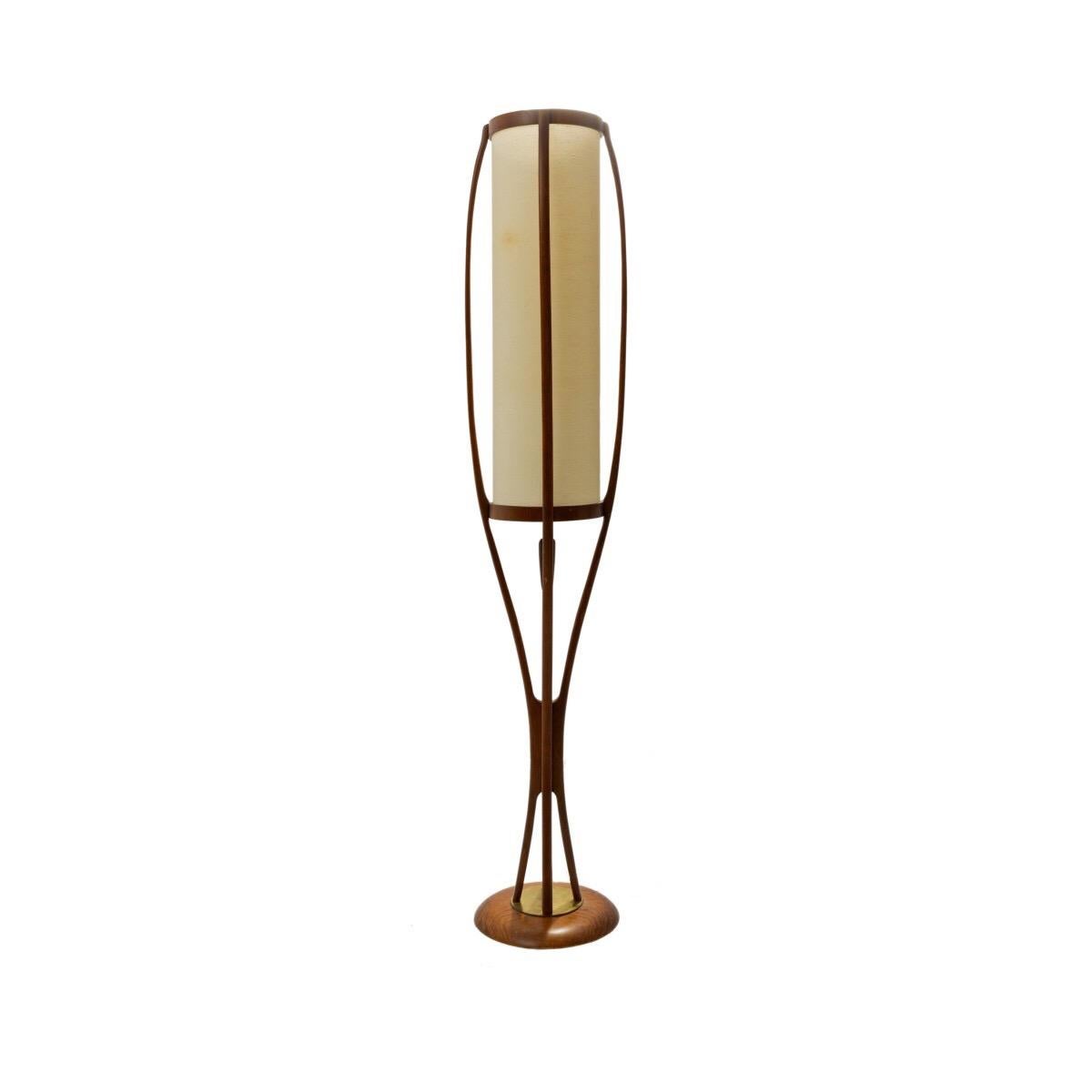 American Midcentury Walnut Floor Lamp with Linen Shade