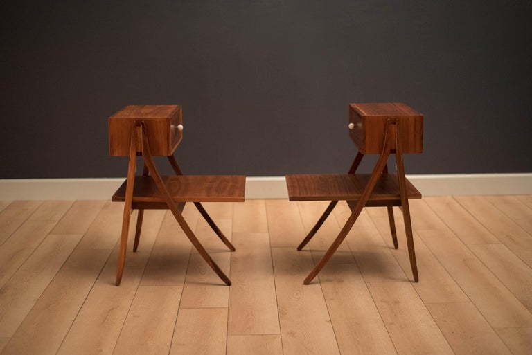 Mid Century Walnut Floating Nightstands by Drexel Declaration at