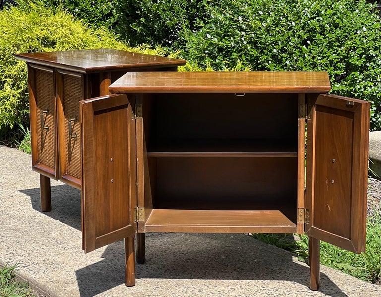 Mid Century Walnut Floating Nightstands with Cane Panel Doors For Sale