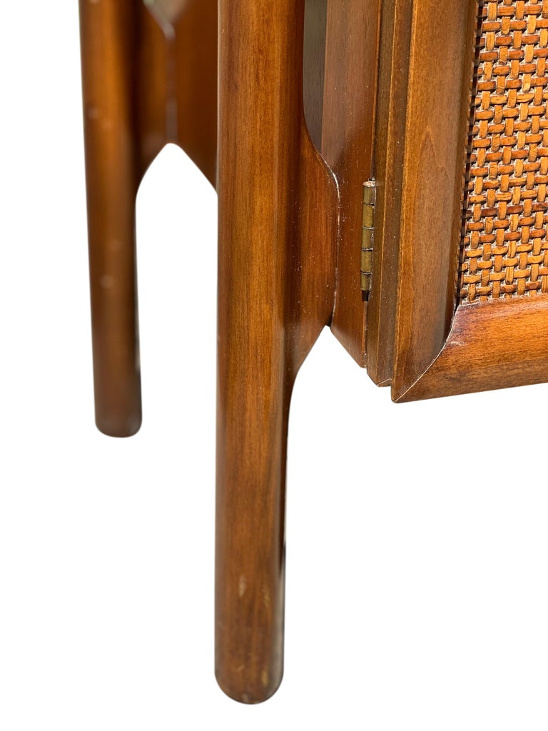 Mid Century Walnut Floating Nightstands with Cane Panel Doors For Sale