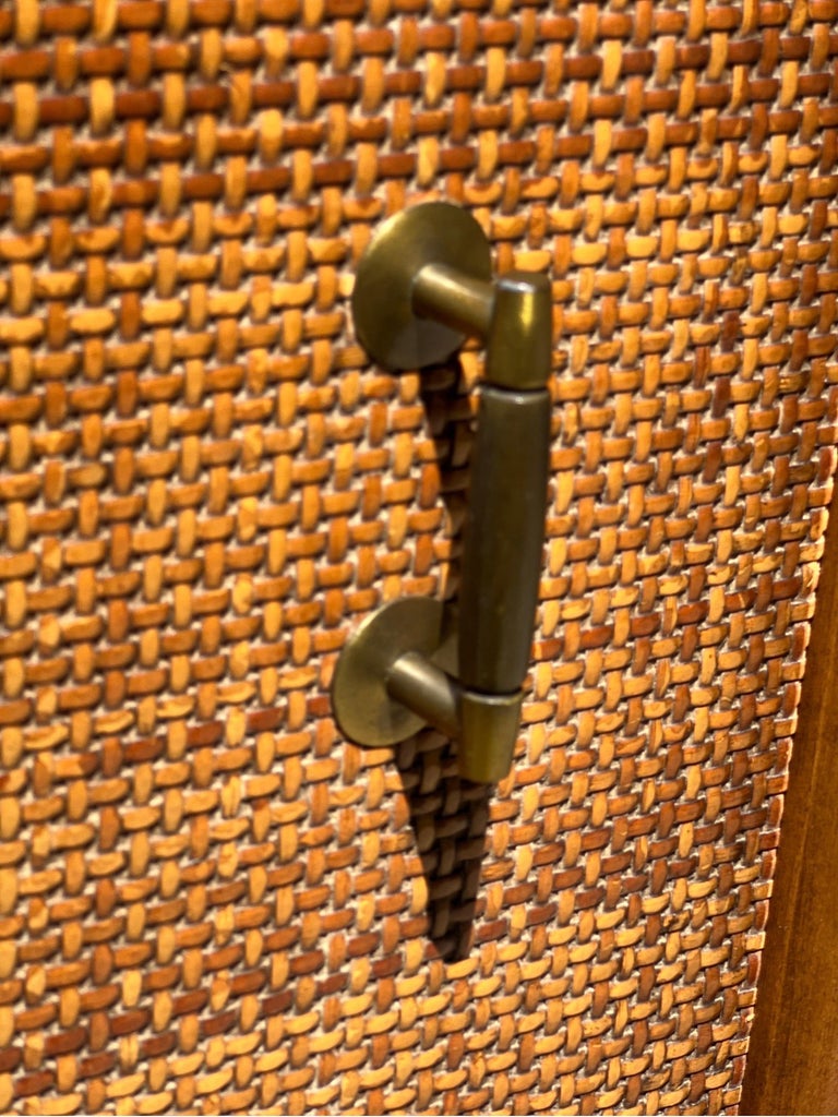 Mid Century Walnut Floating Nightstands with Cane Panel Doors For Sale