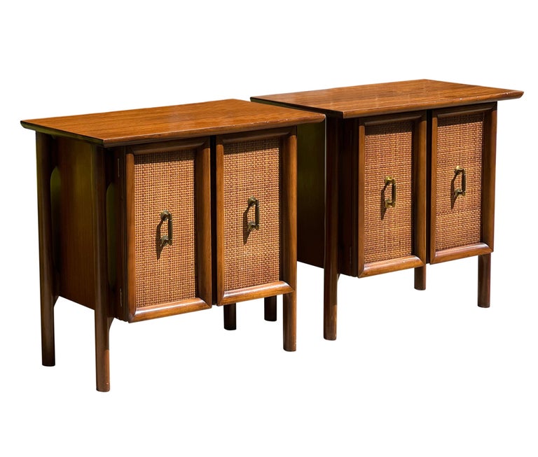 Mid Century Walnut Floating Nightstands with Cane Panel Doors For Sale