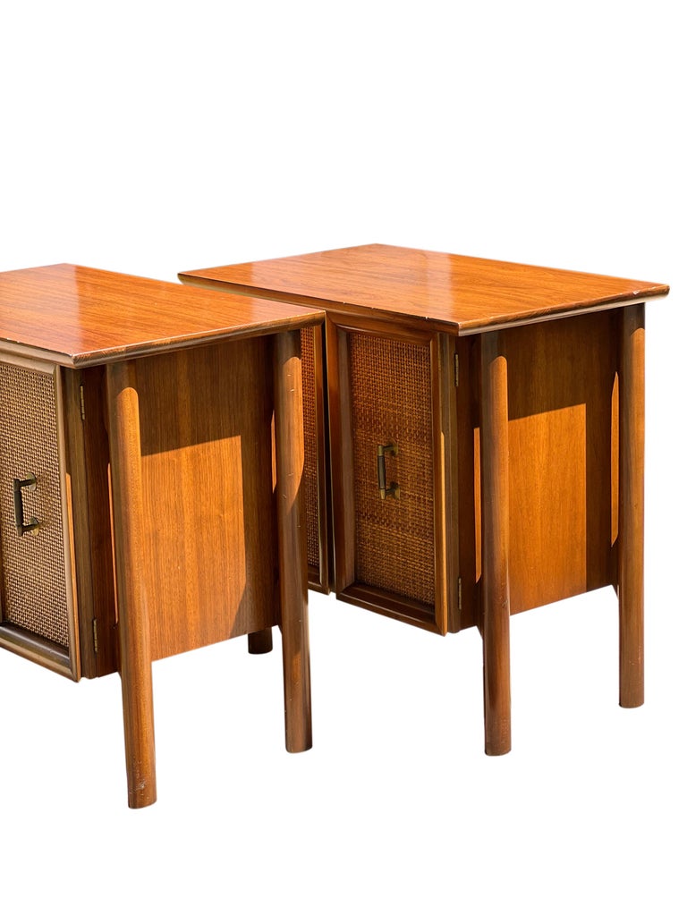 Mid Century Walnut Floating Nightstands with Cane Panel Doors For Sale