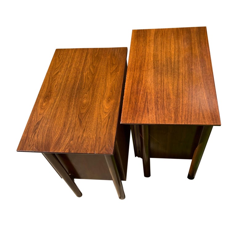 Mid Century Walnut Floating Nightstands with Cane Panel Doors For Sale